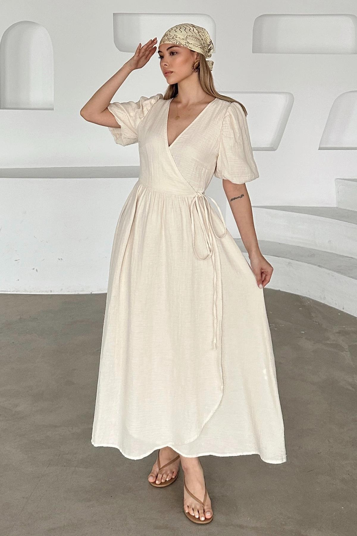 V Yaka Belden Bağlamalı Müslin Elbise BEJ 9354-E