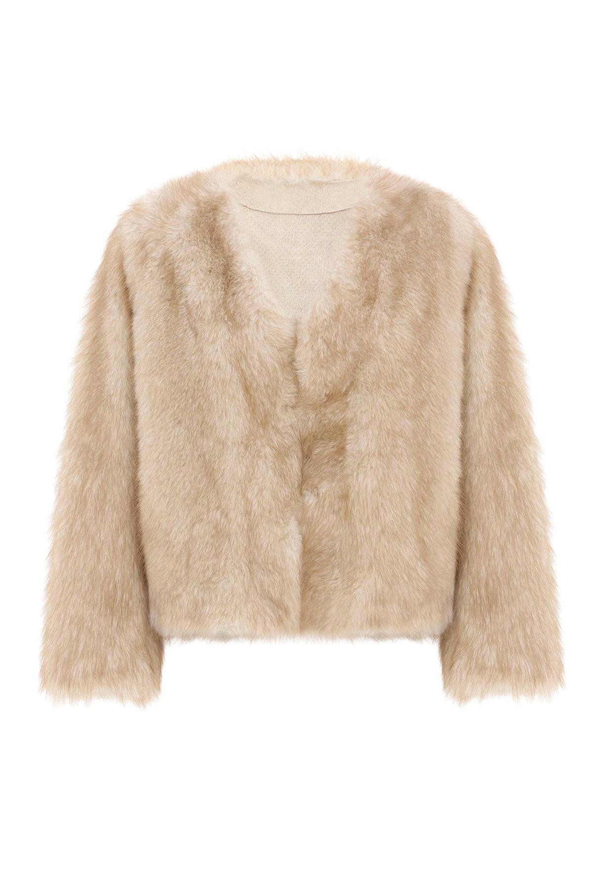 V Yaka Crop Exclusive Kürk Görünümlü Ceket BEJ 1006