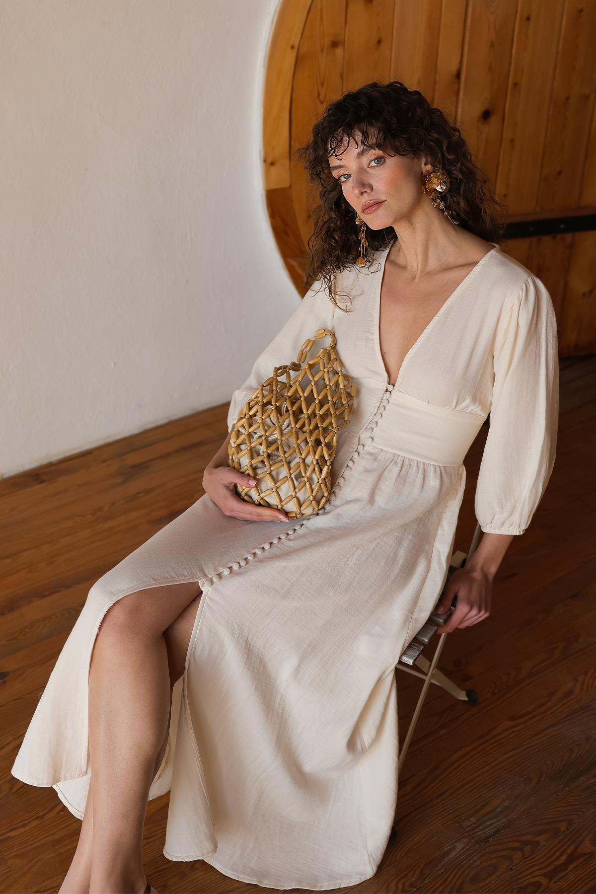 V-Neck Poplin Dress with Crepe Button Detail CREAM 9290-E