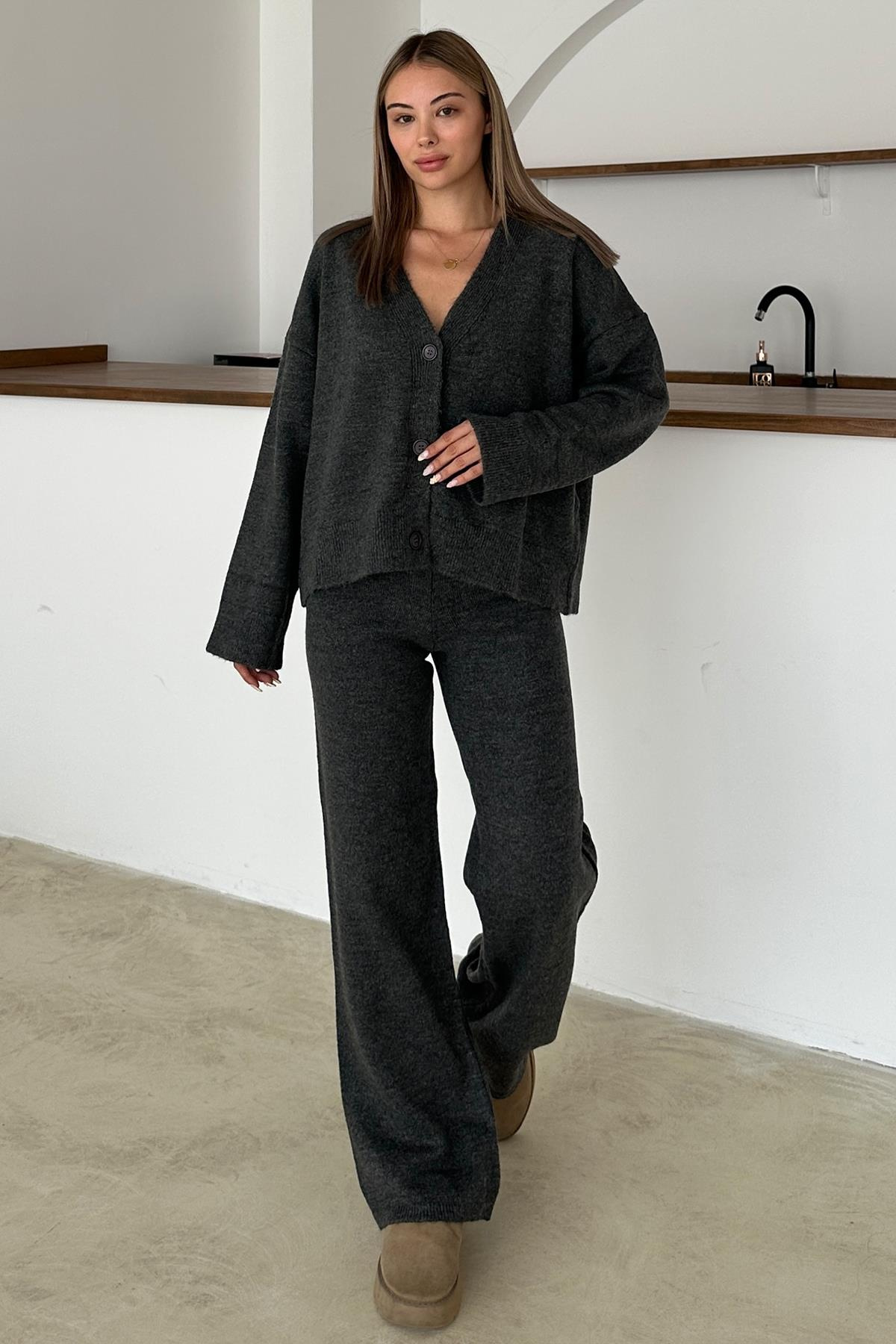 V-Neck Cardigan Trouser Knitwear Set HARD COAL 9368-TK