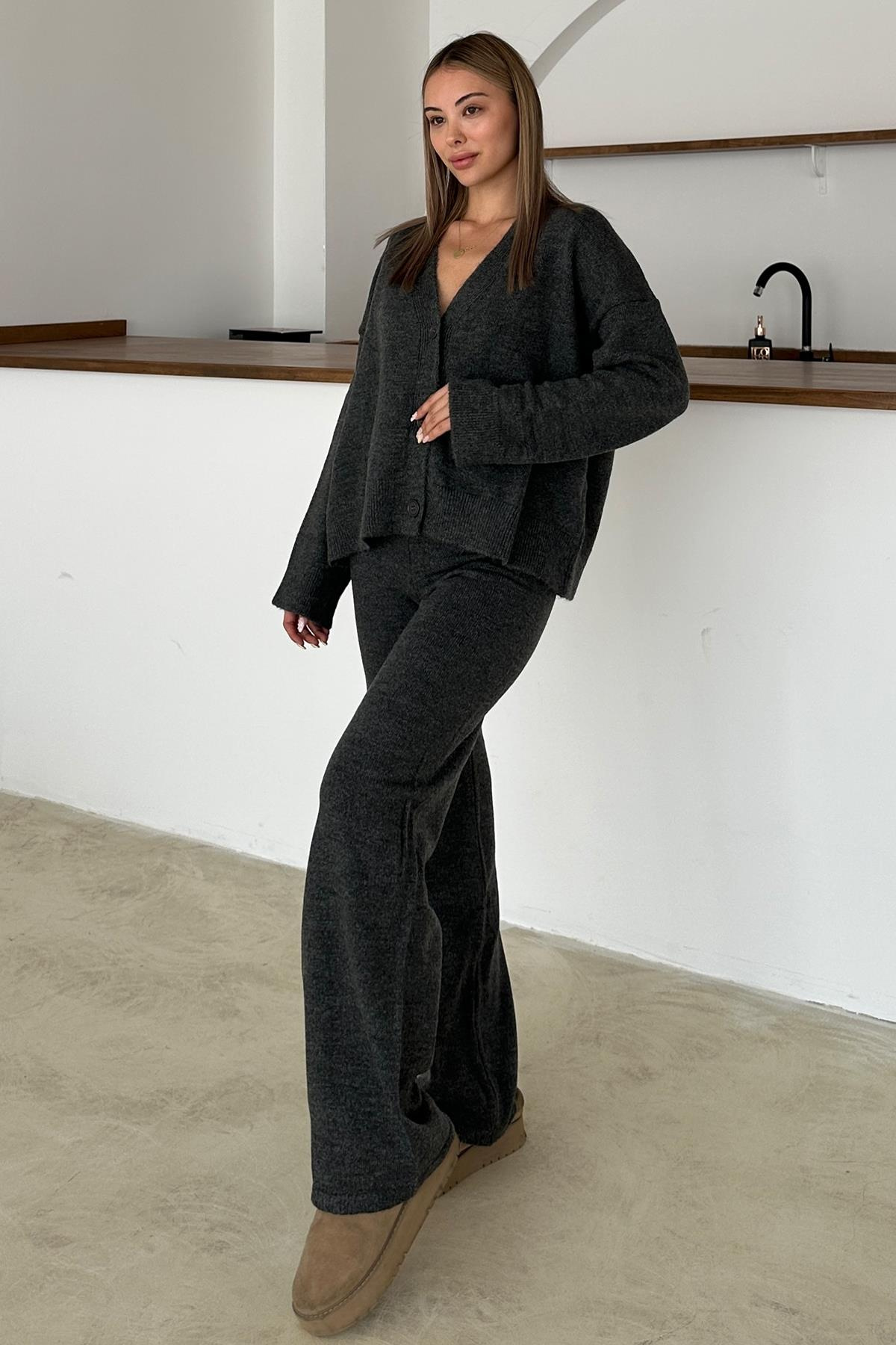 V-Neck Cardigan Trouser Knitwear Set HARD COAL 9368-TK