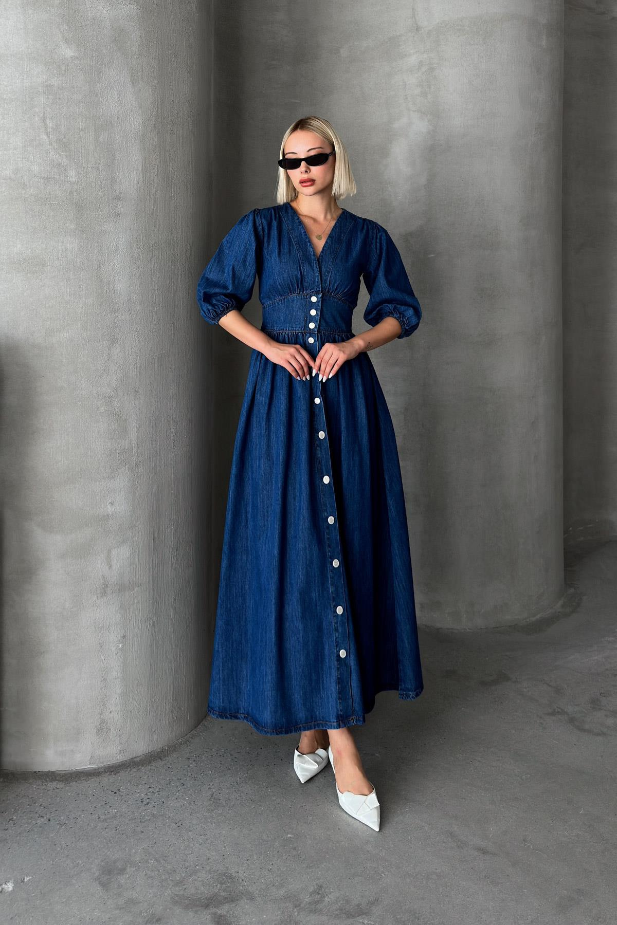 V-Necked Bodice Denim Dress with Snap Closure DARK BLUE 9254-E