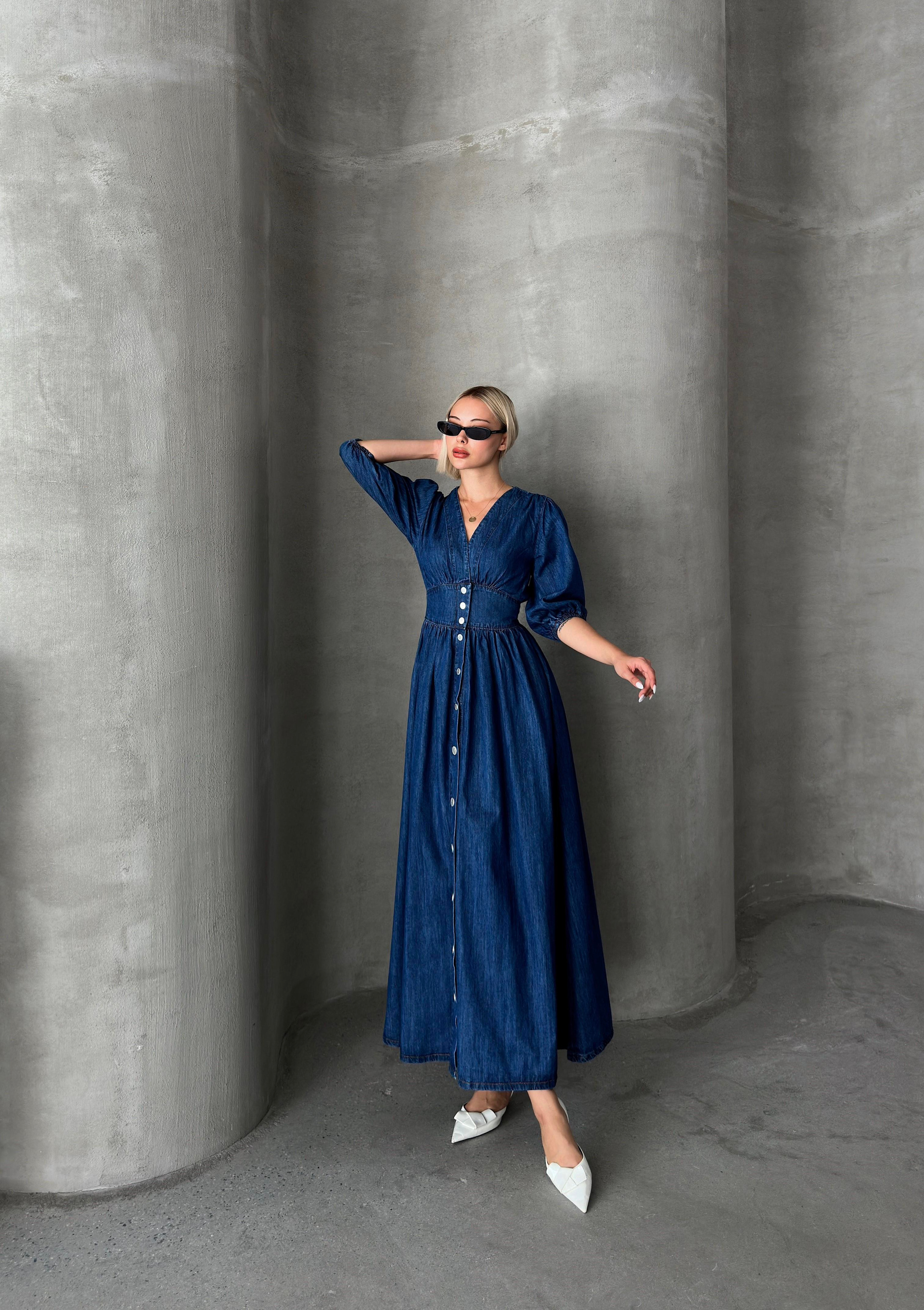 V-Necked Bodice Denim Dress with Snap Closure DARK BLUE 9254-E