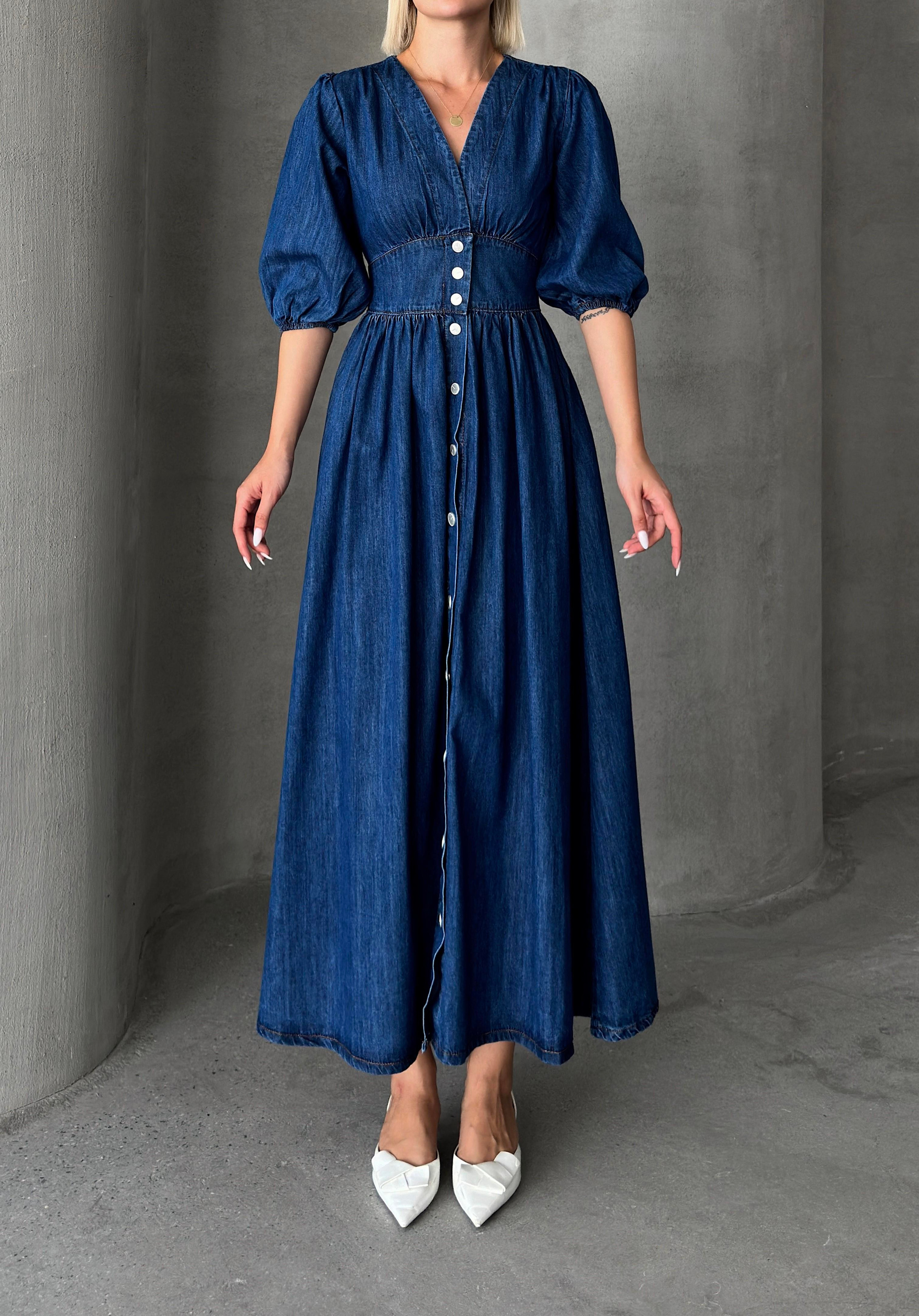 V-Necked Bodice Denim Dress with Snap Closure DARK BLUE 9254-E