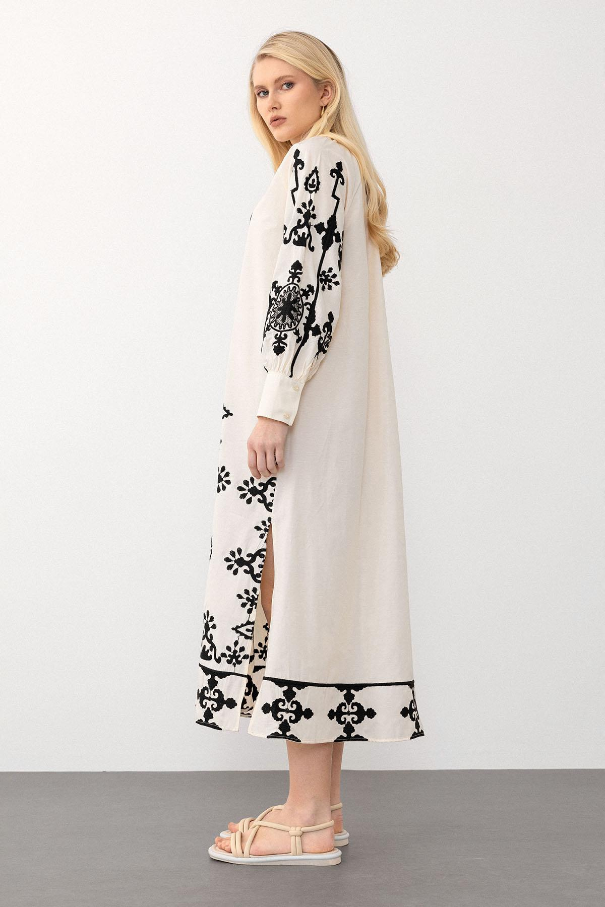 V-Neck Embroidered Poplin Dress IVORY 9289-E