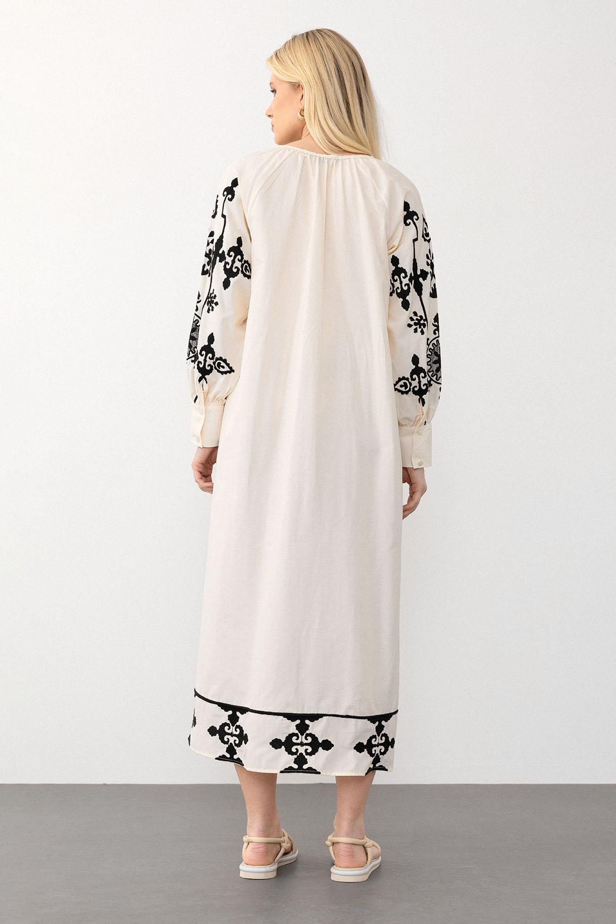 V-Neck Embroidered Poplin Dress IVORY 9289-E