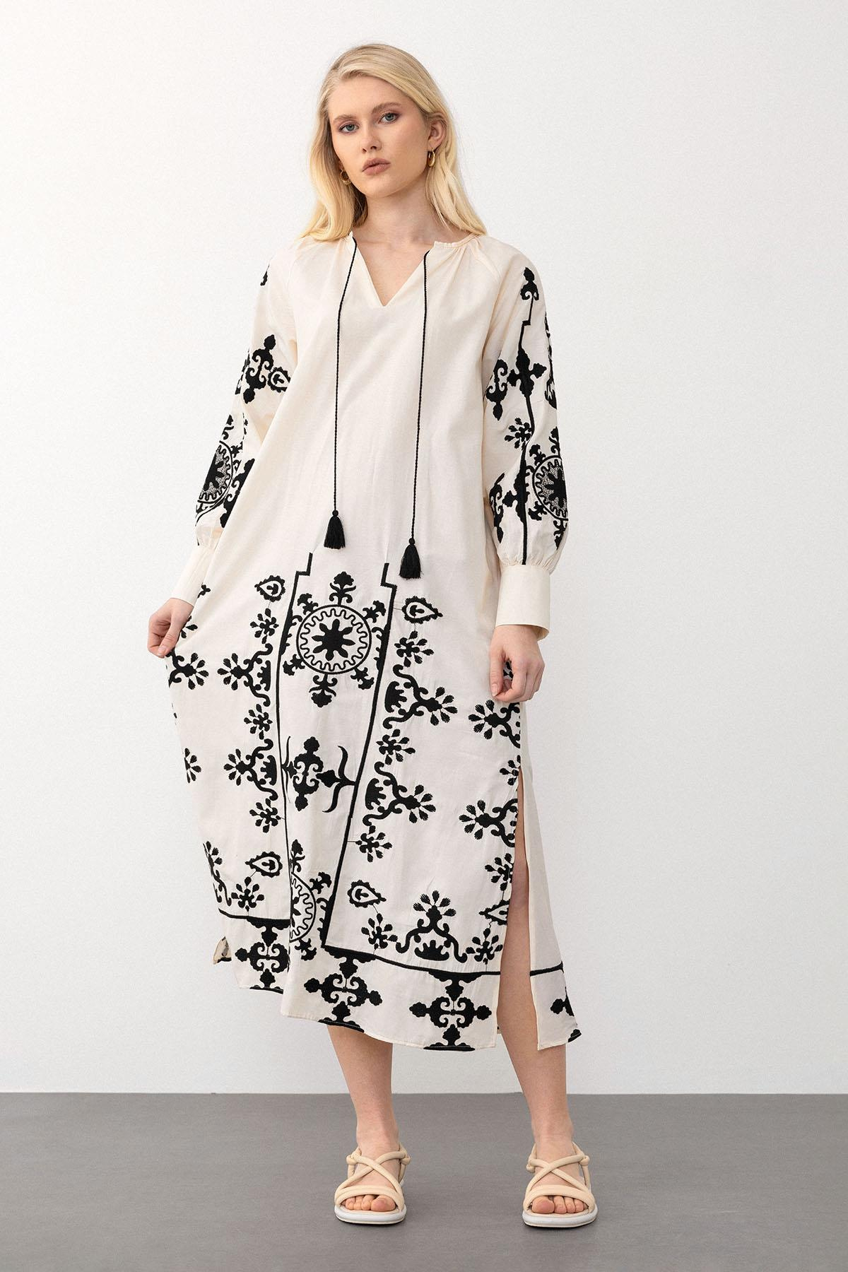 V-Neck Embroidered Poplin Dress IVORY 9289-E