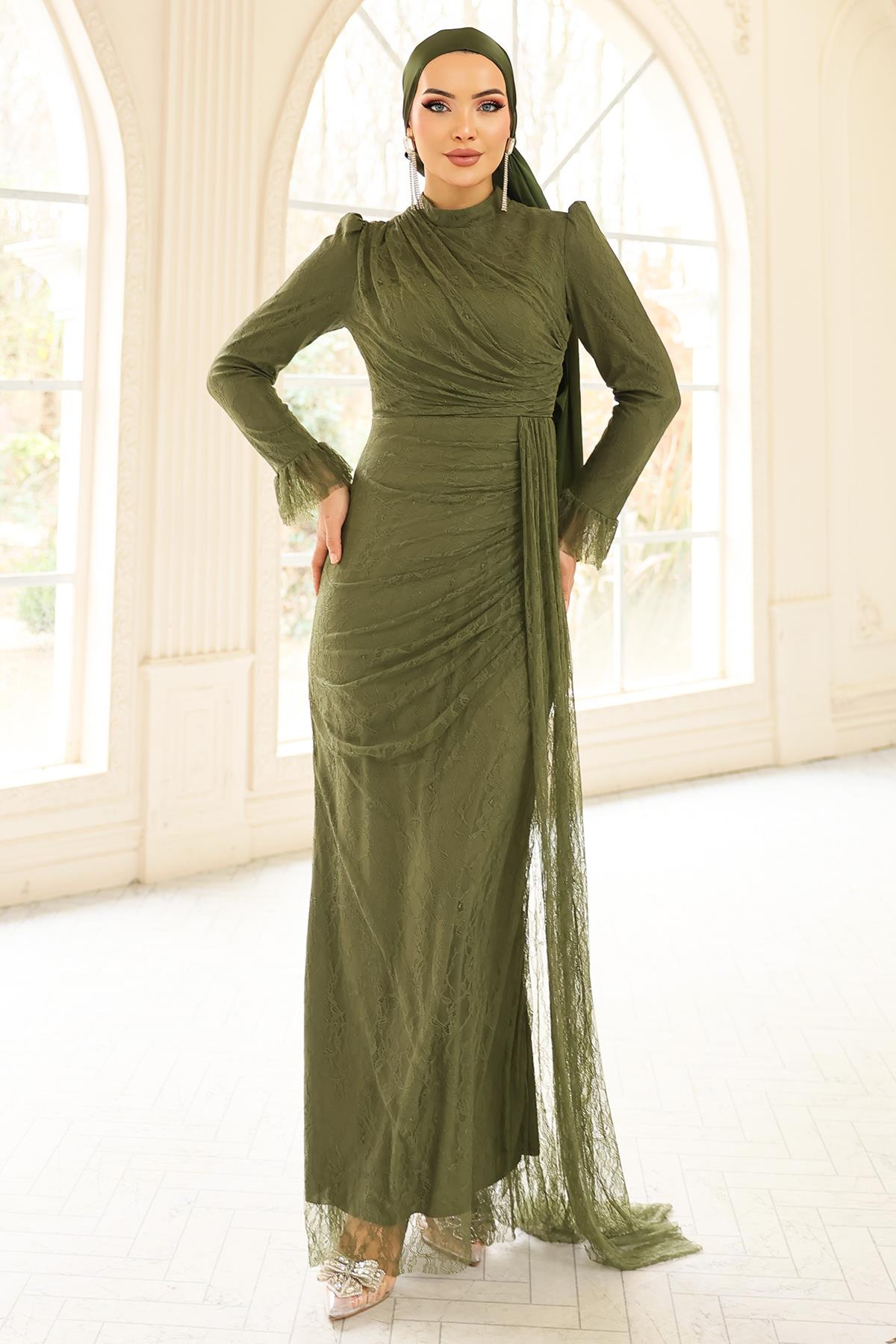 Volan Detaylı Dantel Tesettür Abiye Elbise YEŞİL 1251