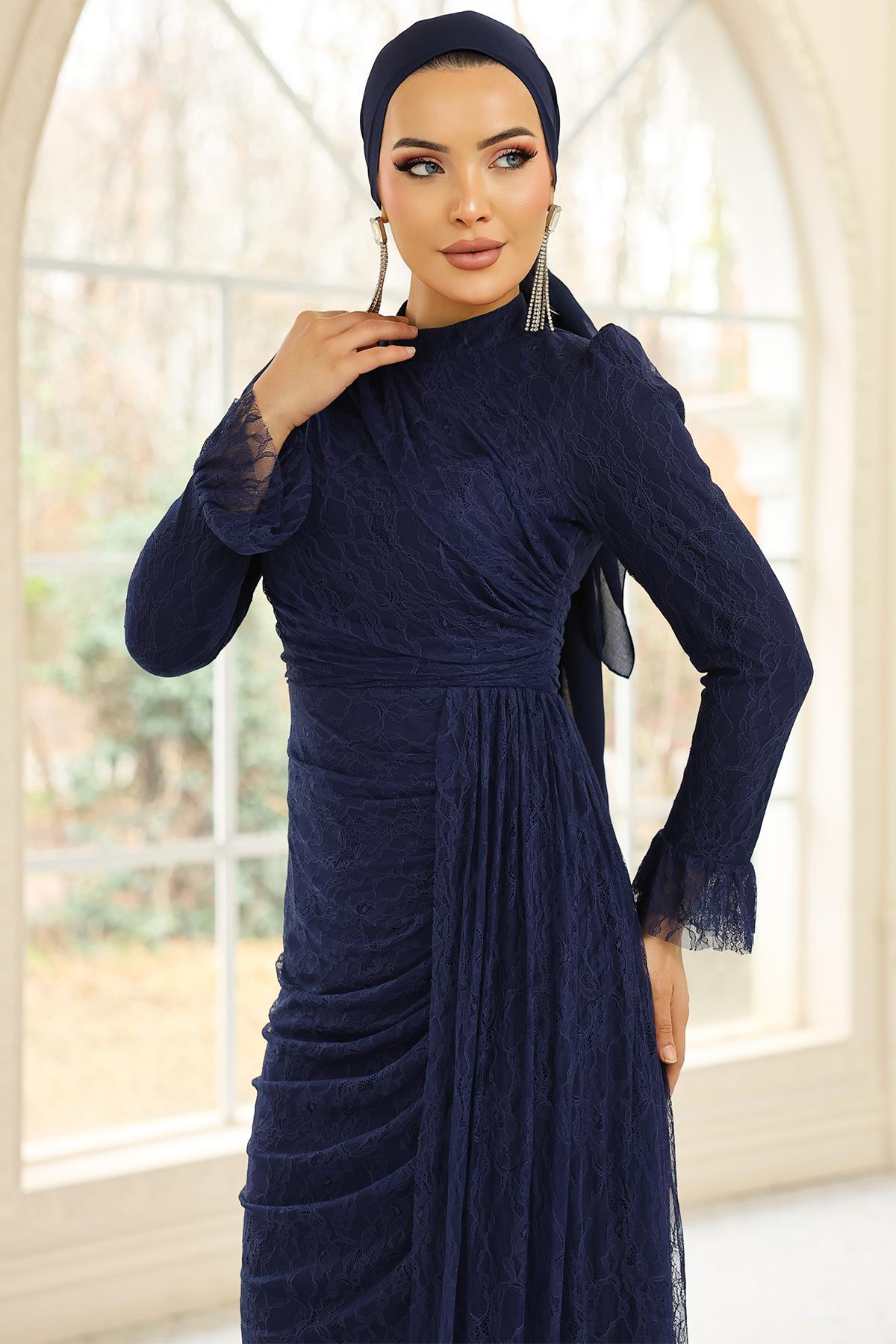 Volan Detaylı Dantel Tesettür Abiye Elbise LACİVERT 1251