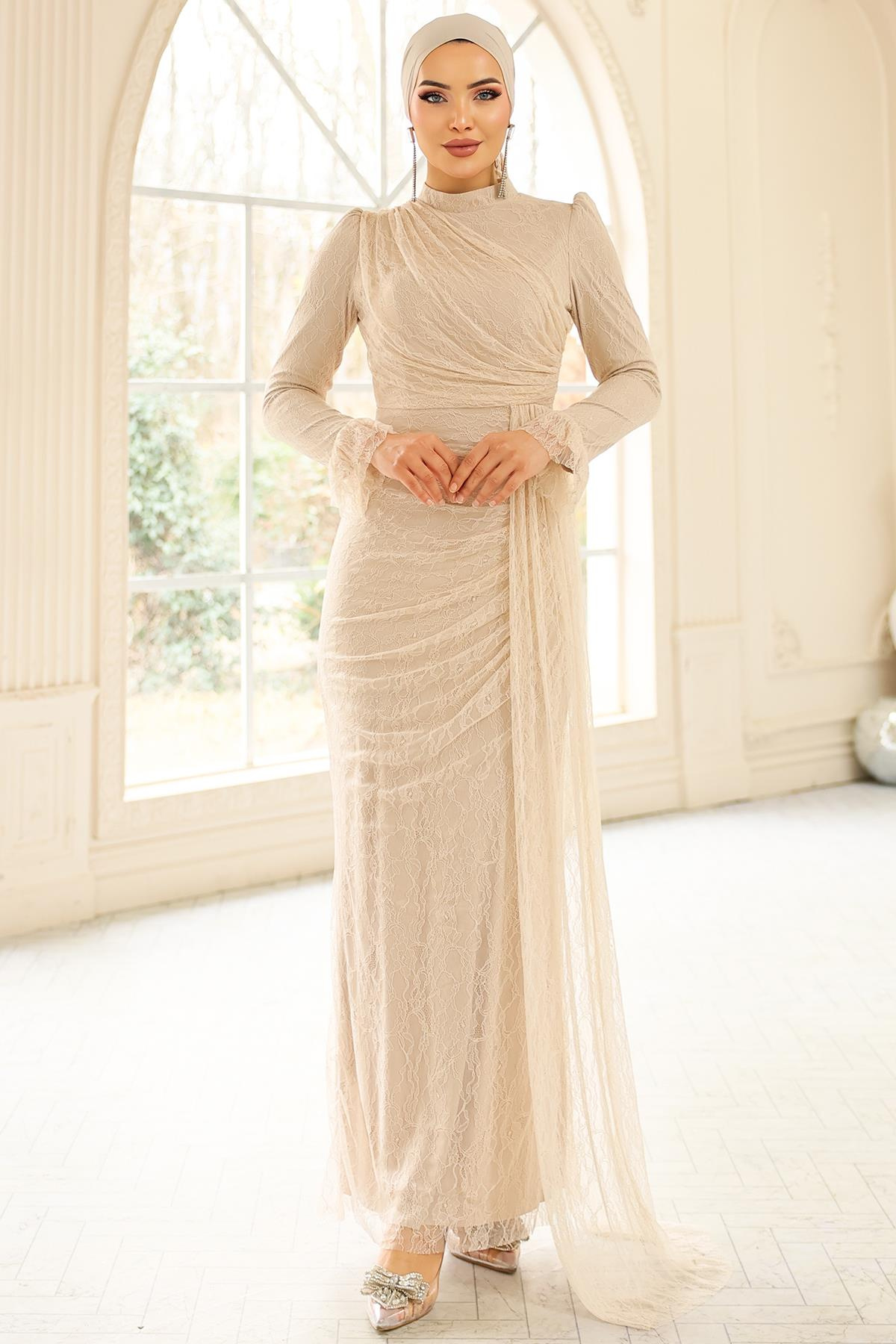 Volan Detaylı Dantel Tesettür Abiye Elbise KREM 1251