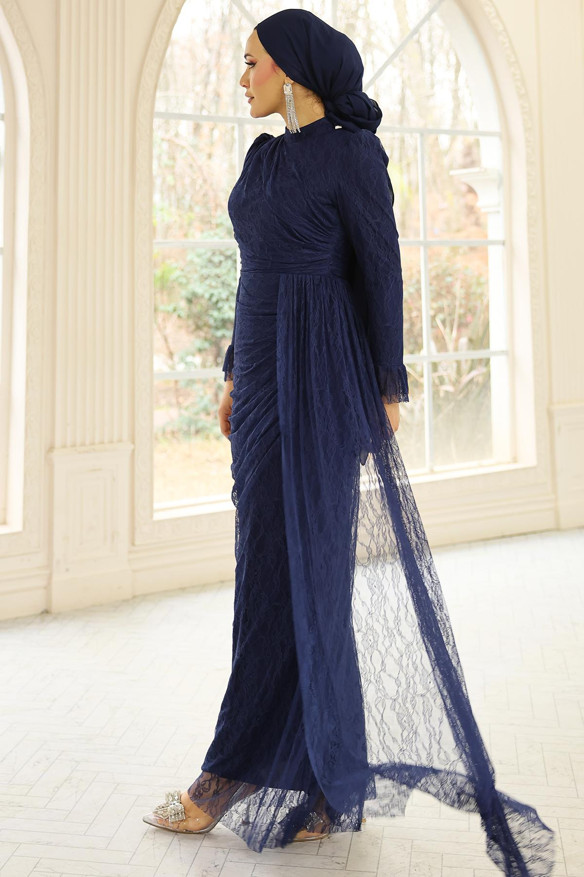 Volan Detaylı Dantel Tesettür Abiye Elbise LACİVERT 1251