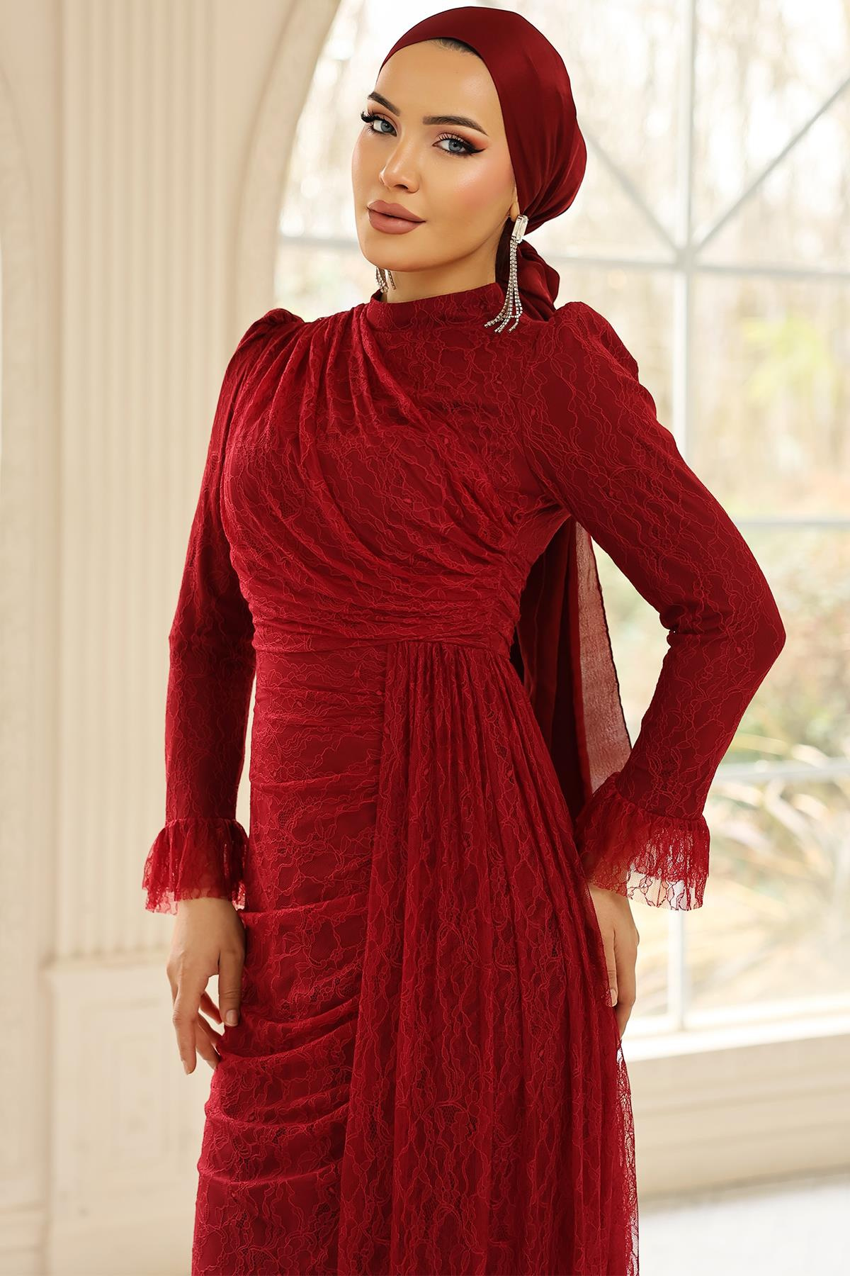 Volan Detaylı Dantel Tesettür Abiye Elbise BORDO 1251
