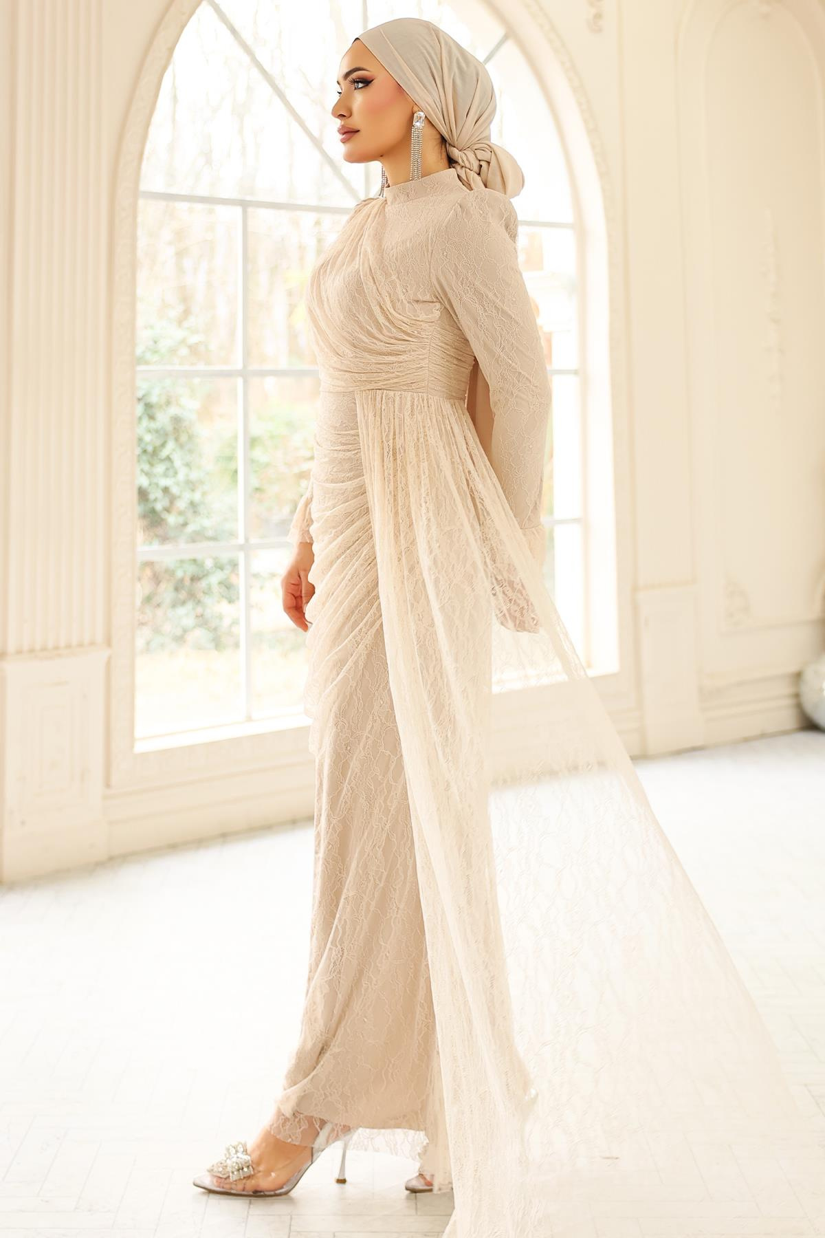 Volan Detaylı Dantel Tesettür Abiye Elbise KREM 1251