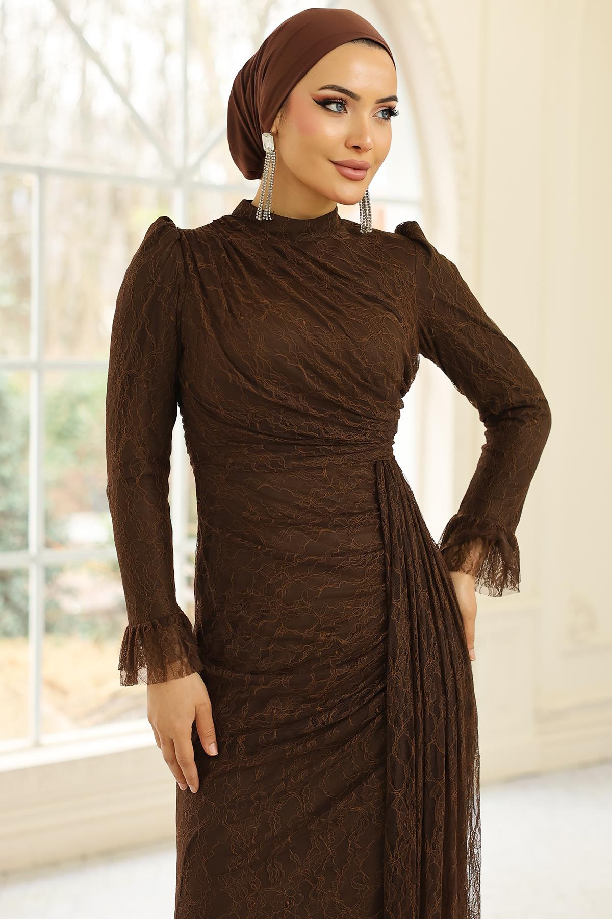 Volan Detaylı Dantel Tesettür Abiye Elbise KAHVE 1251