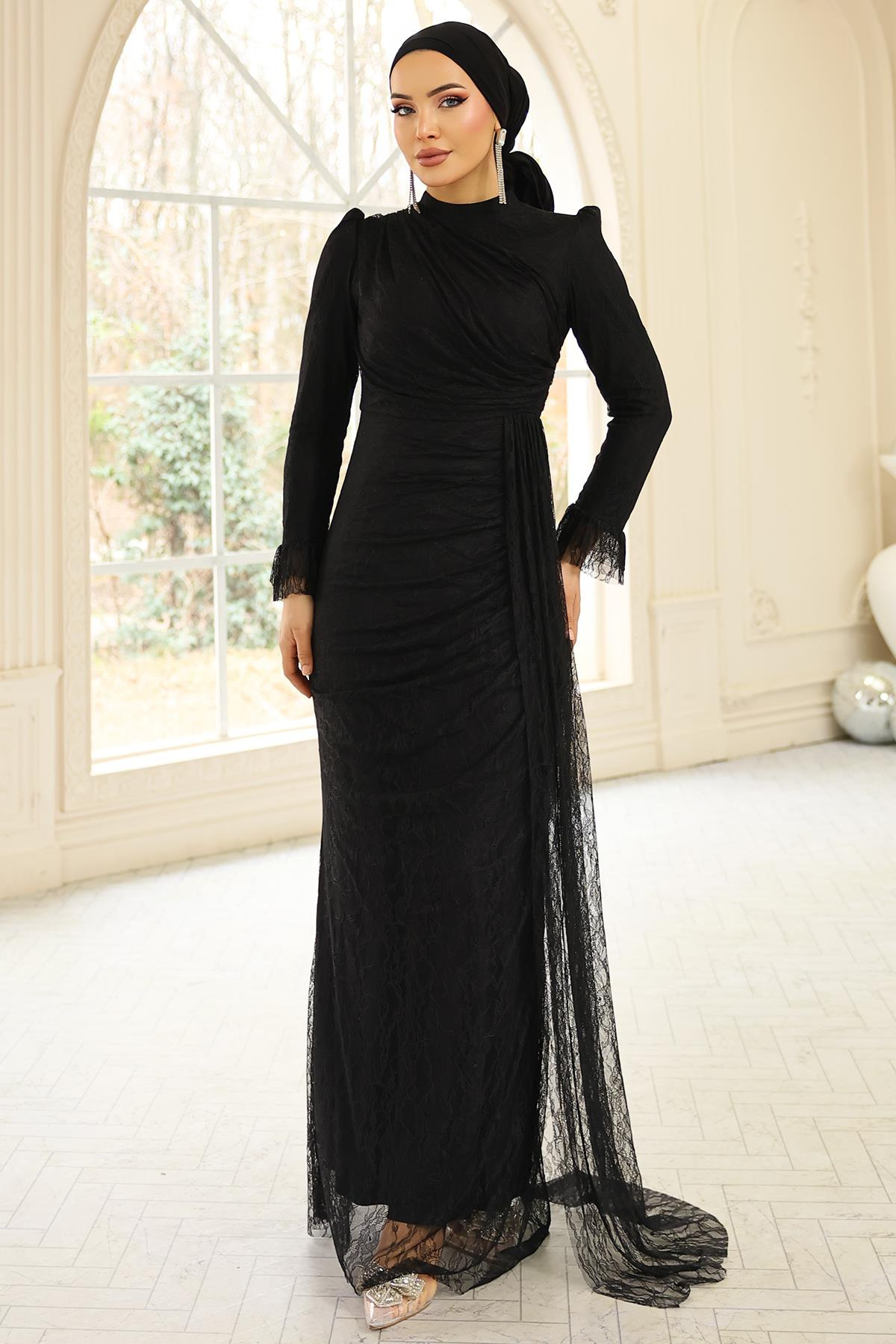 Volan Detaylı Dantel Tesettür Abiye Elbise SİYAH 1251