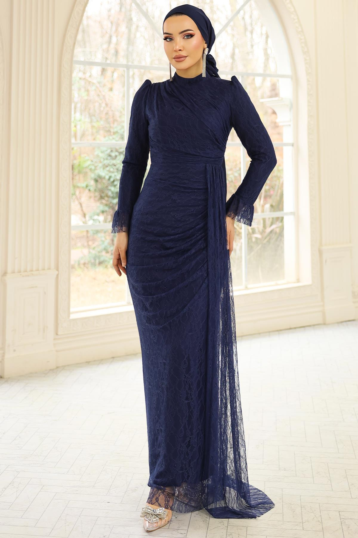 Volan Detaylı Dantel Tesettür Abiye Elbise LACİVERT 1251