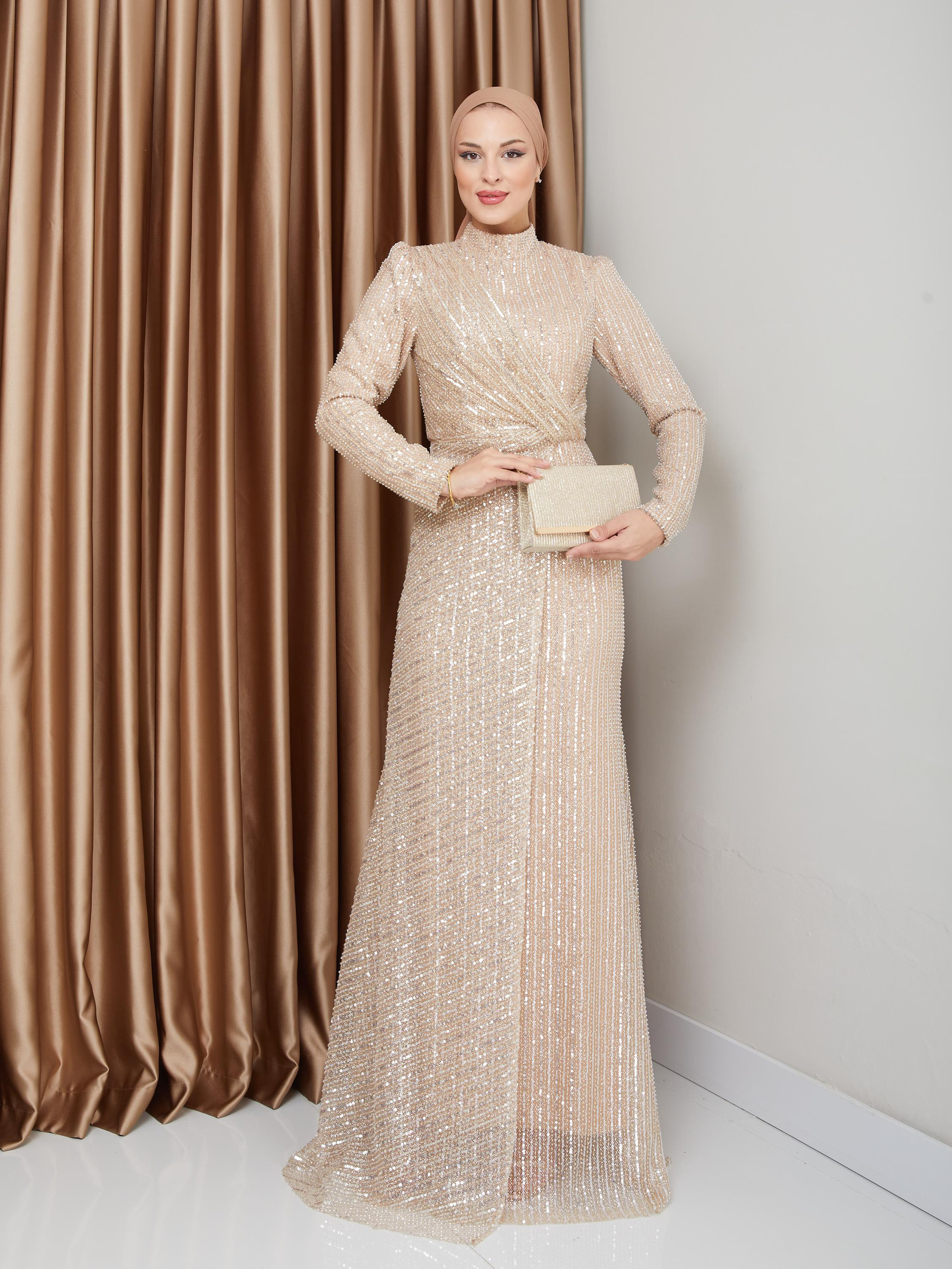 Sequined Hijab Evening Dress with Flounce Detail IVORY 1677