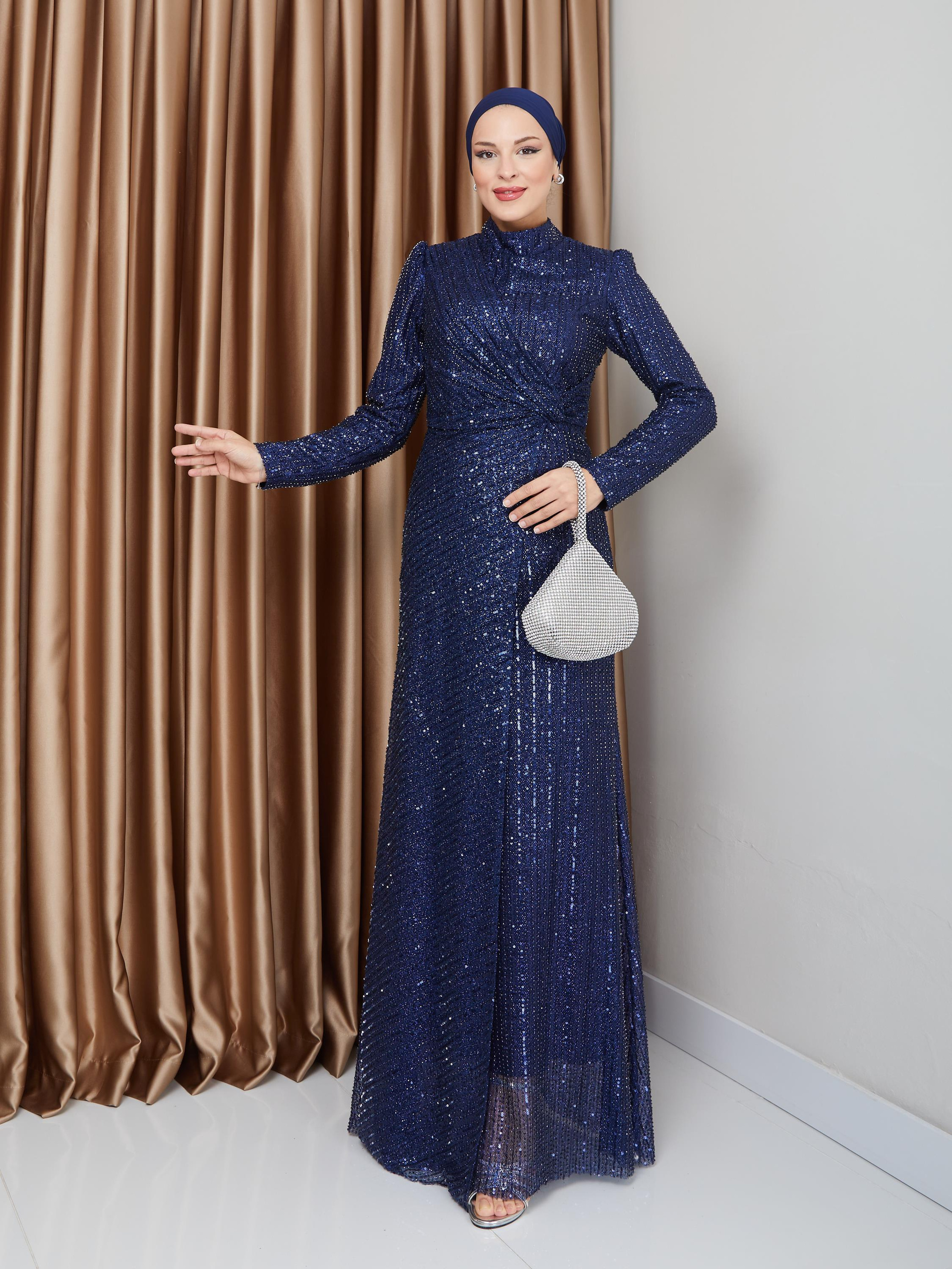 Sequined Hijab Evening Dress with Flounce Detail NAVY 1677