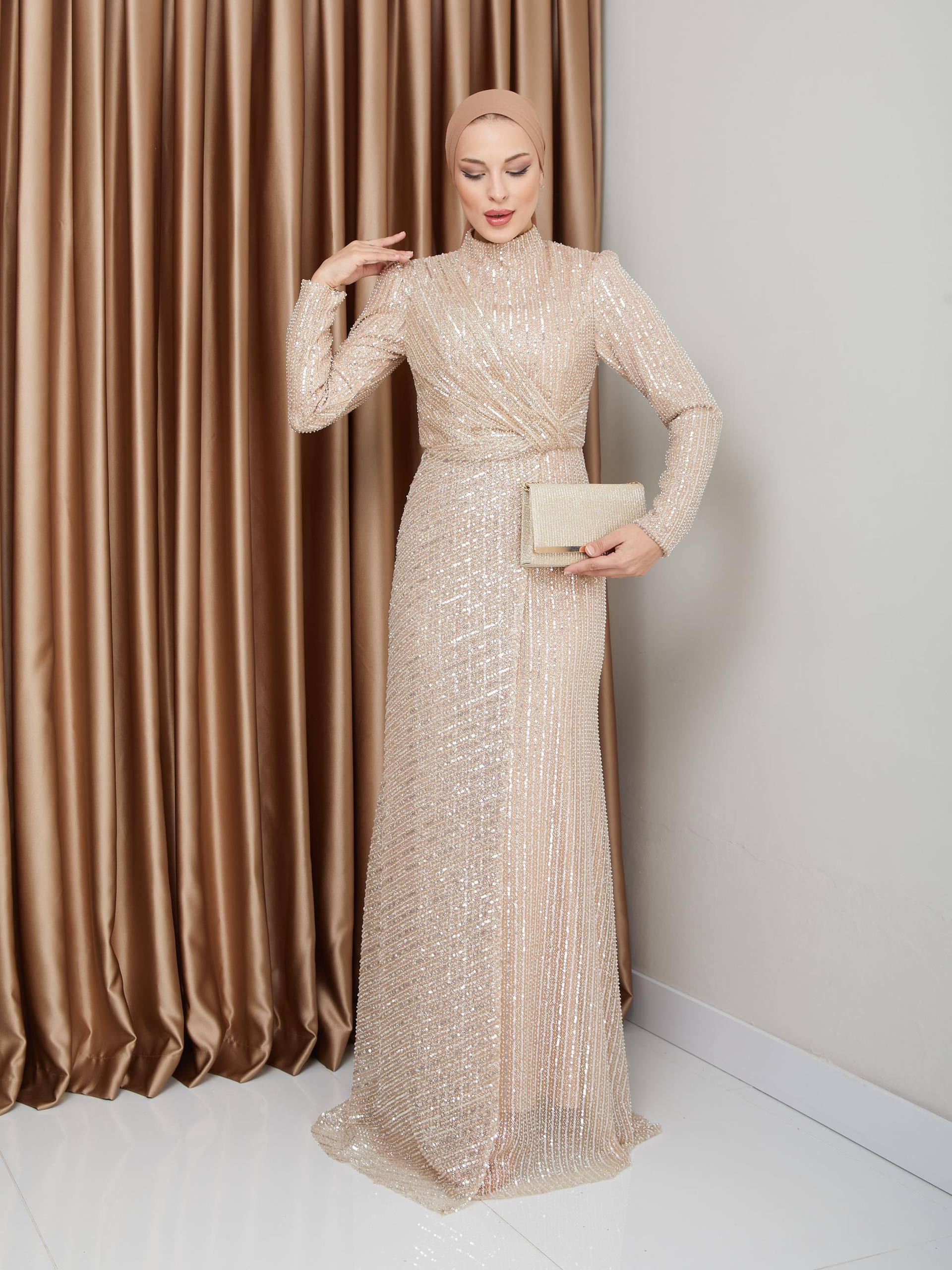 Sequined Hijab Evening Dress with Flounce Detail IVORY 1677