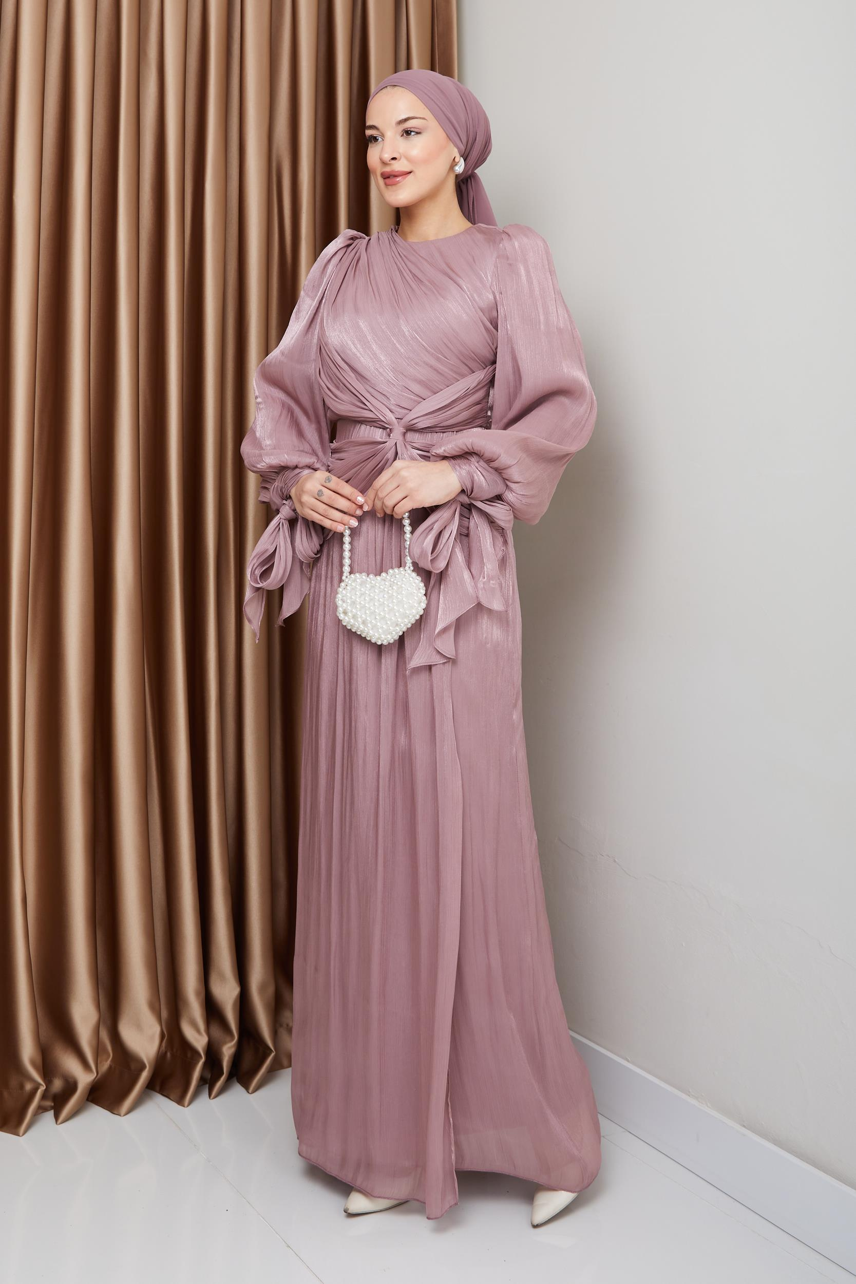 Yoryo Silk Hijab Evening Dress with Ruffle and Bow Detailed Armhole Tie ROSE 1224