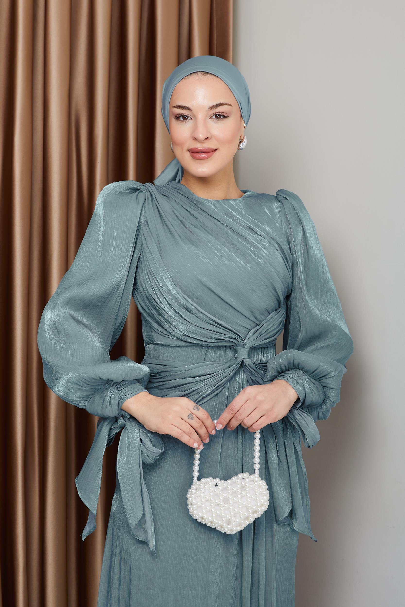 Yoryo Silk Hijab Evening Dress with Ruffle and Bow Detailed Armhole Tie WATER GREEN 1224