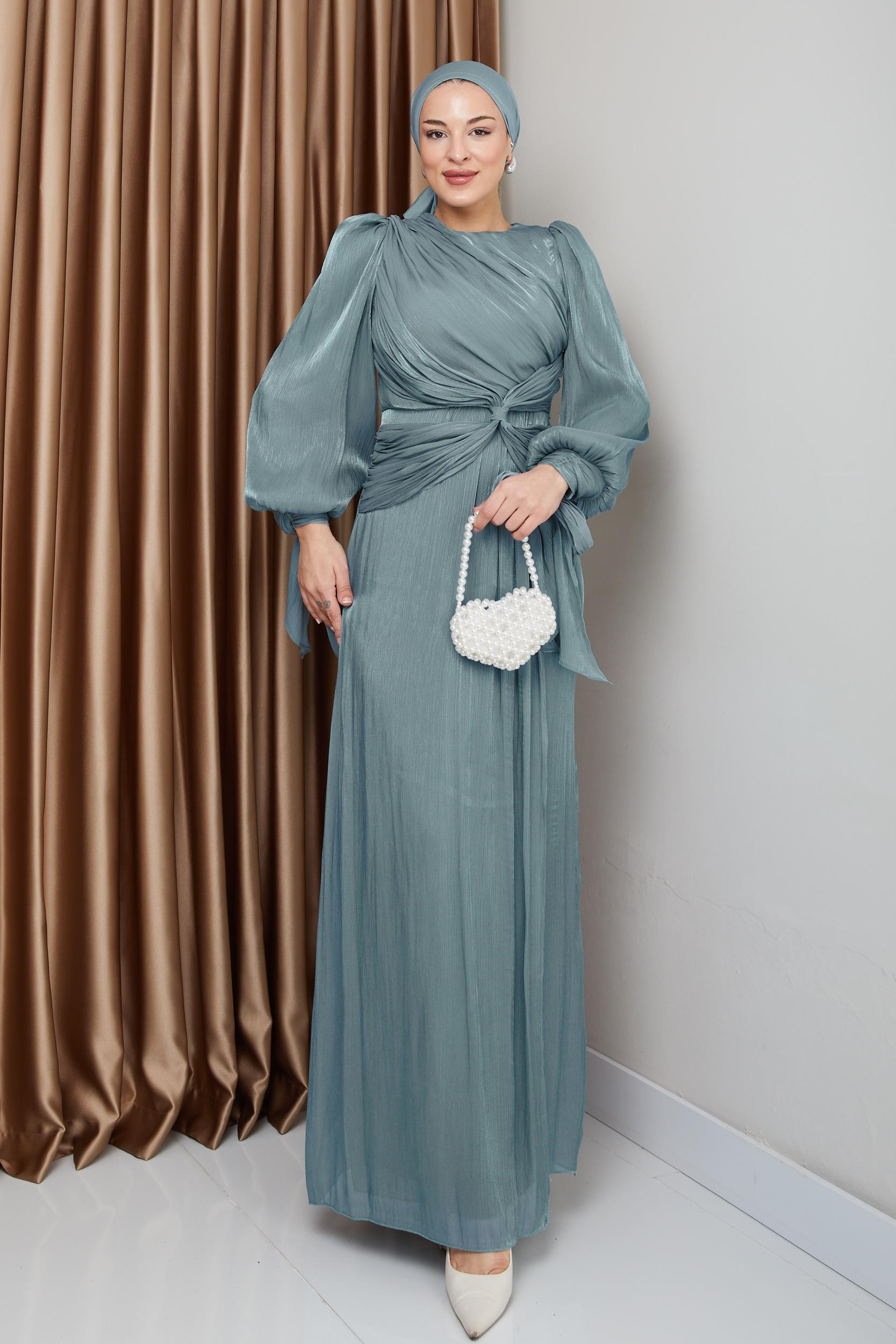 Yoryo Silk Hijab Evening Dress with Ruffle and Bow Detailed Armhole Tie WATER GREEN 1224