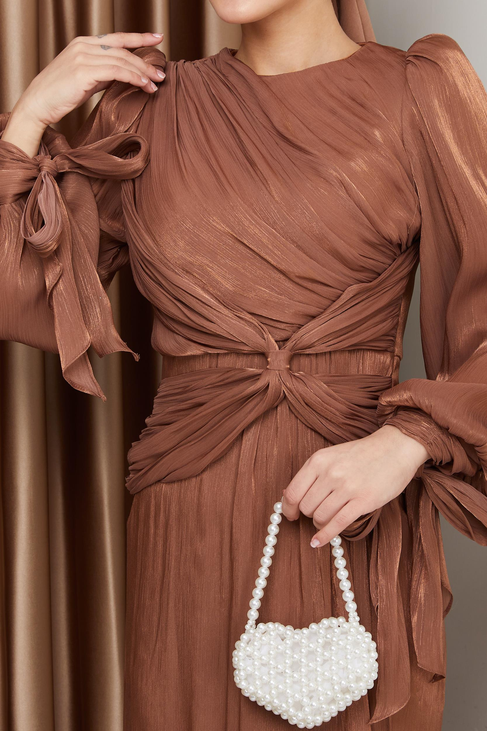 Yoryo Silk Hijab Evening Dress with Ruffle and Bow Detailed Armhole Tie CAMEL 1224