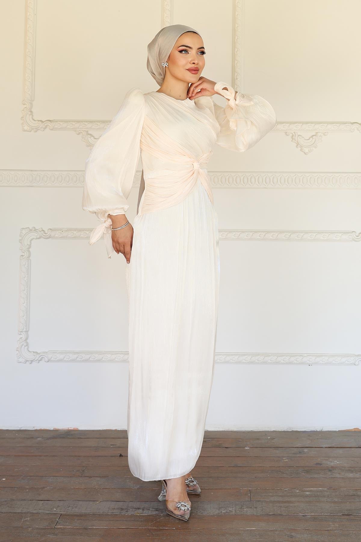 فستان سهرة حرير من يوريو للحجاب مع كشكشة وربطة عنق على شكل فتحة للذراع العاج 1224