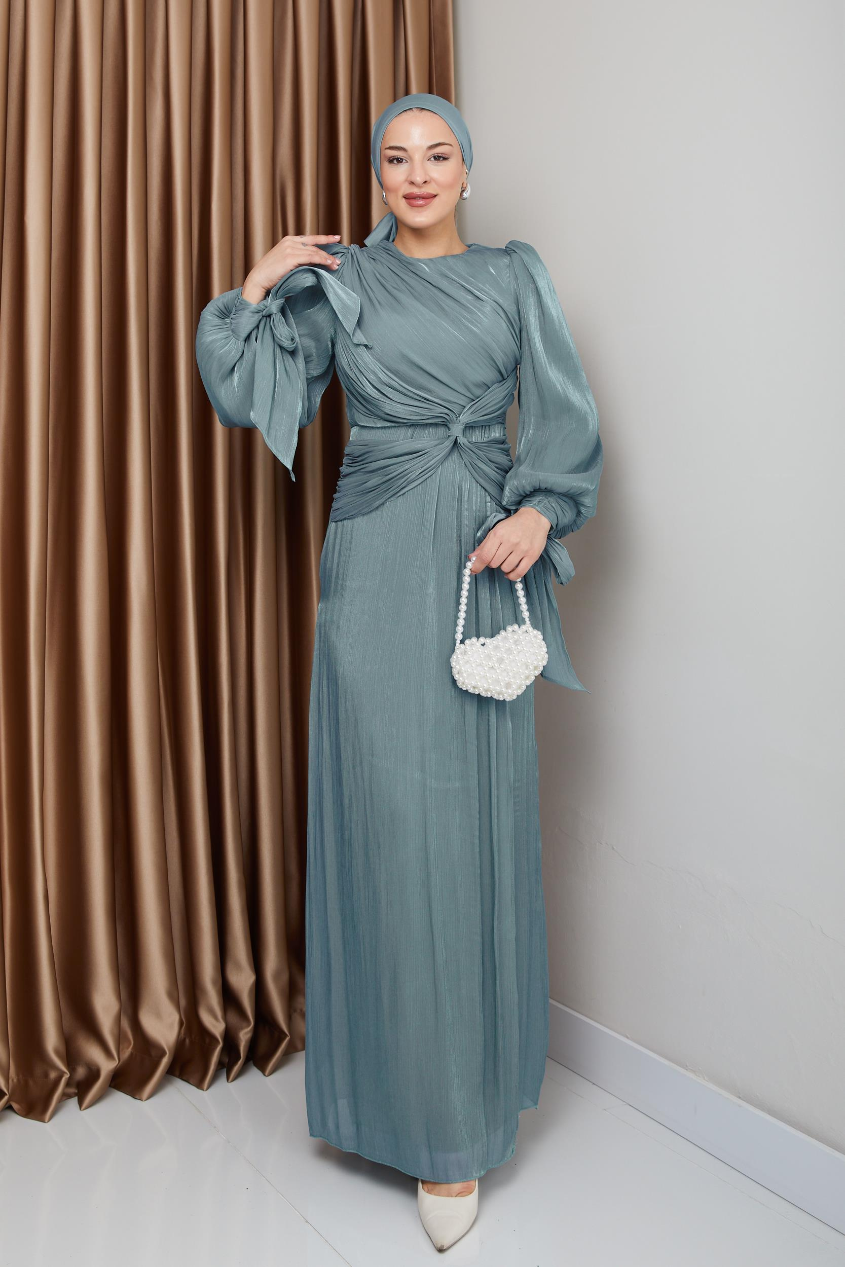 Yoryo Silk Hijab Evening Dress with Ruffle and Bow Detailed Armhole Tie WATER GREEN 1224