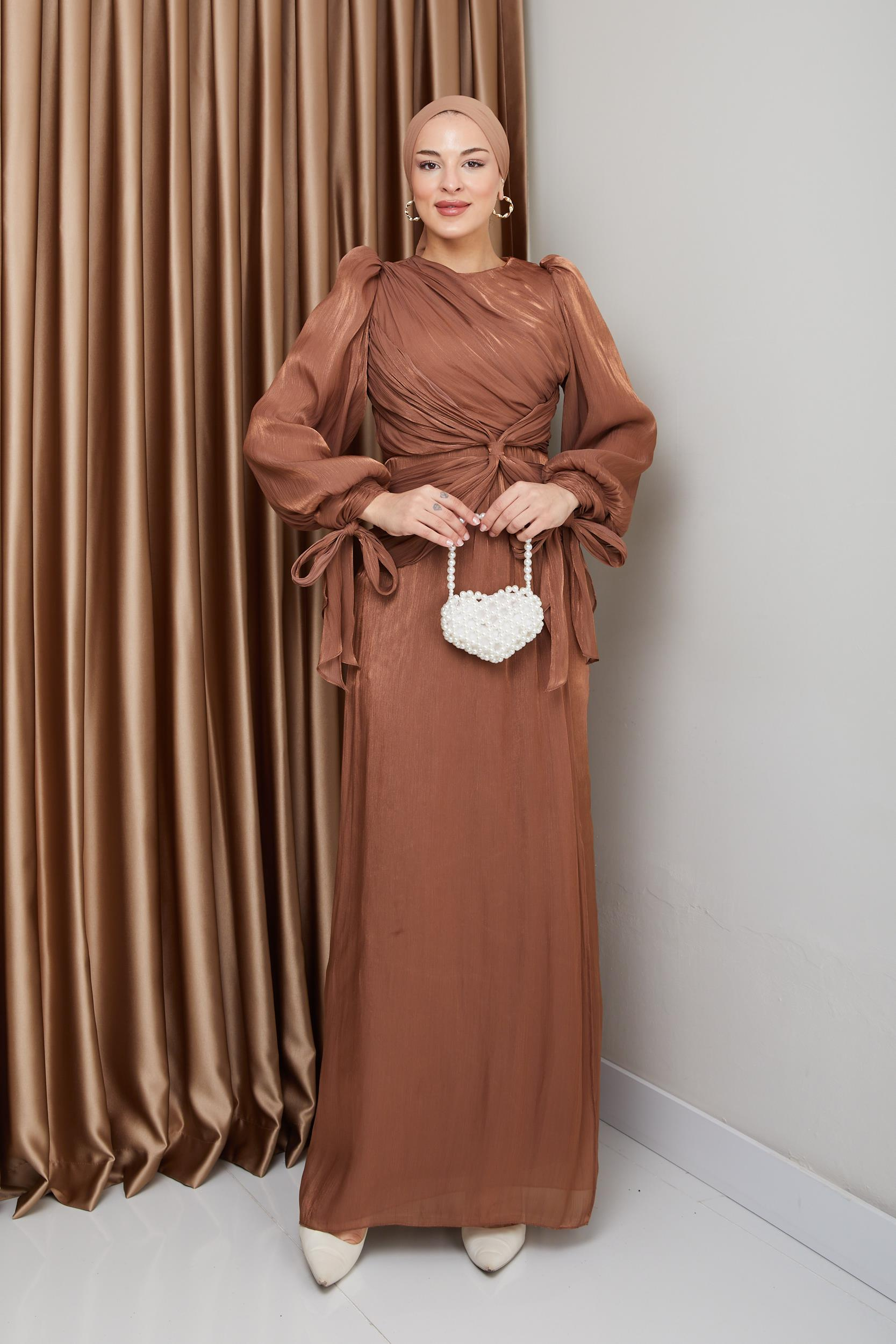 Yoryo Silk Hijab Evening Dress with Ruffle and Bow Detailed Armhole Tie CAMEL 1224