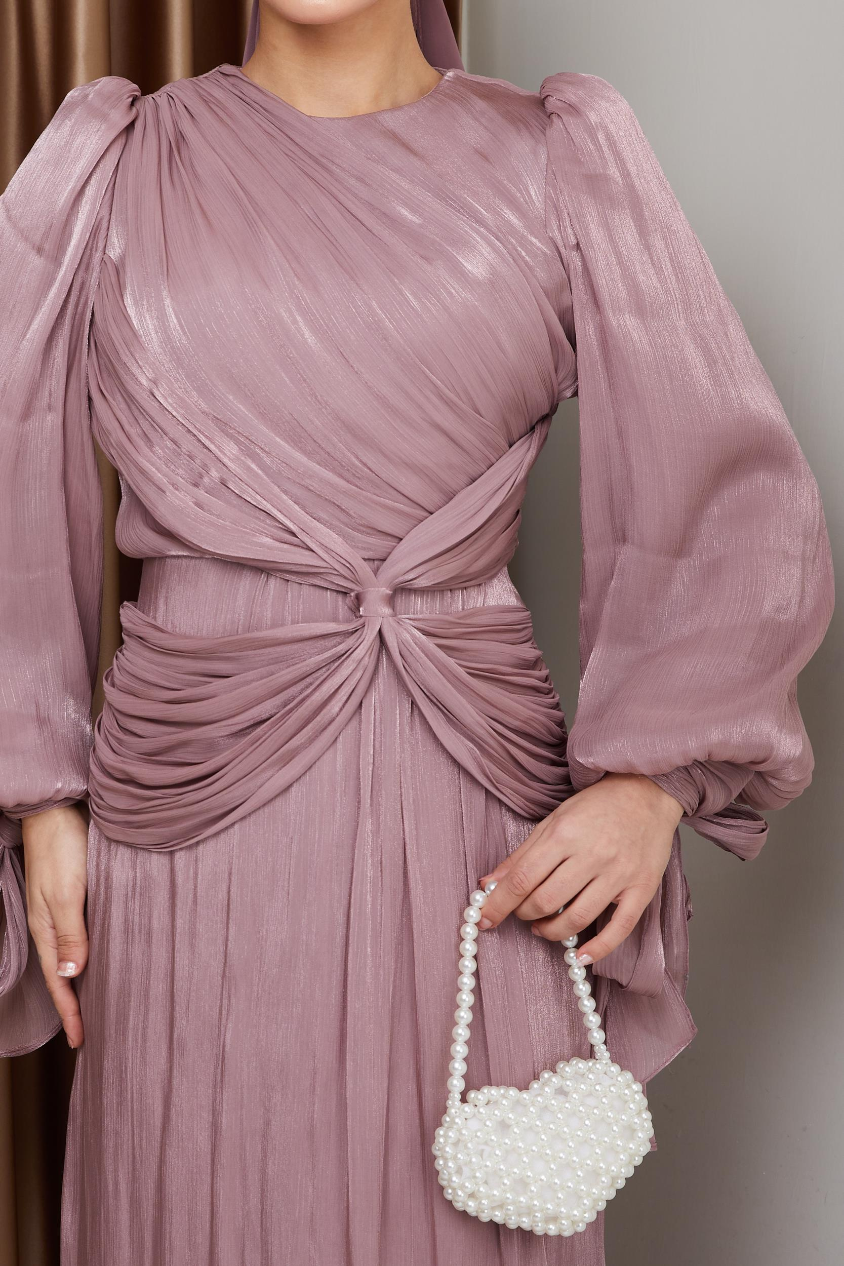 Yoryo Silk Hijab Evening Dress with Ruffle and Bow Detailed Armhole Tie ROSE 1224