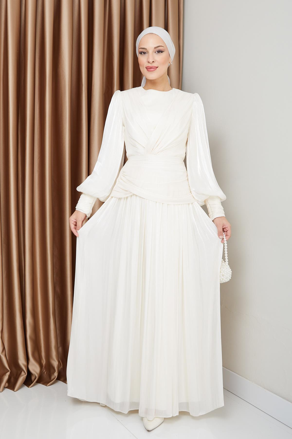 Crystal Chiffon Hijab Evening Dress with Flounce and Pleat Details IVORY 1230