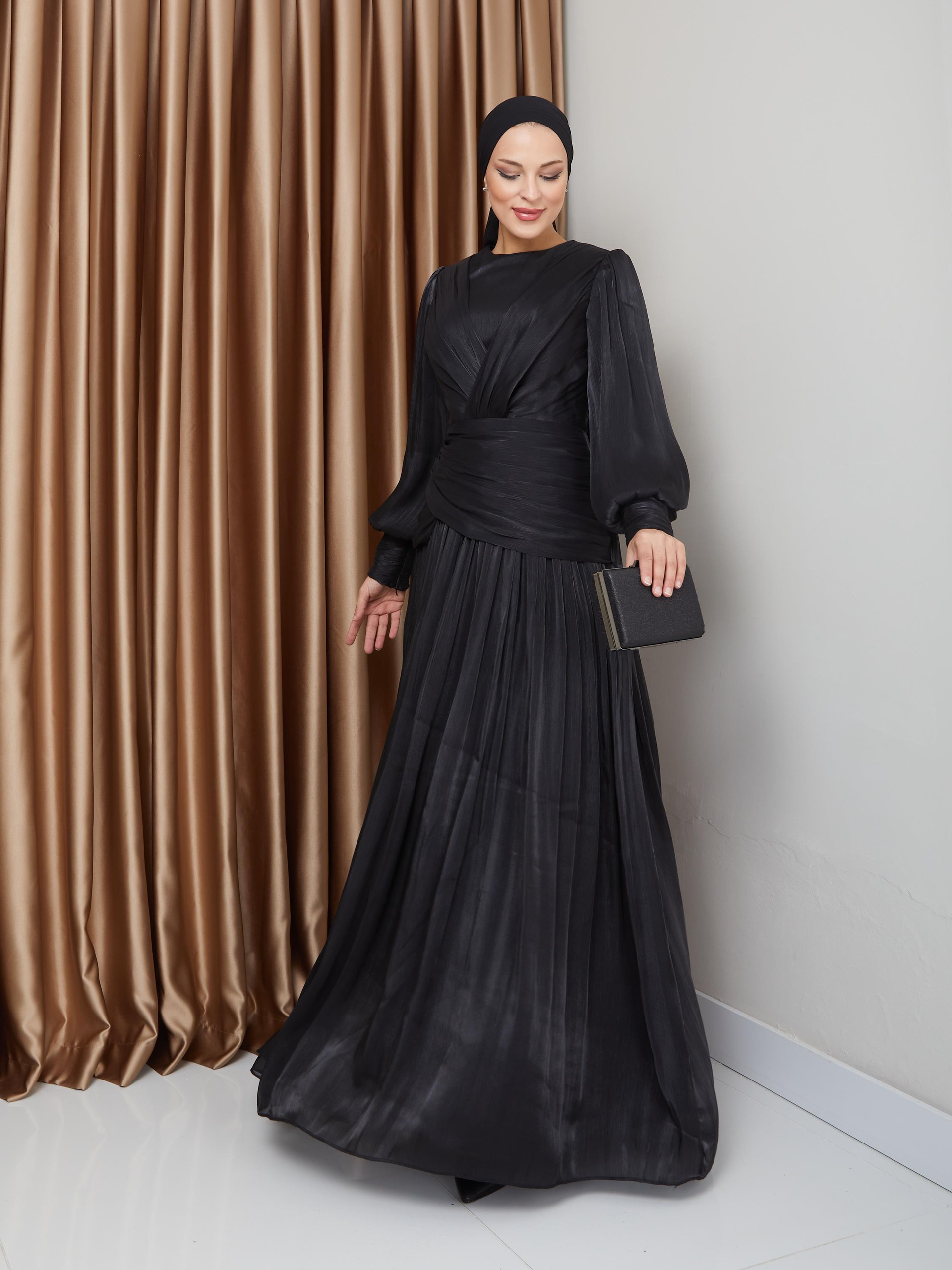 Crystal Chiffon Hijab Evening Dress with Flounce and Pleat Details BLACK 1230