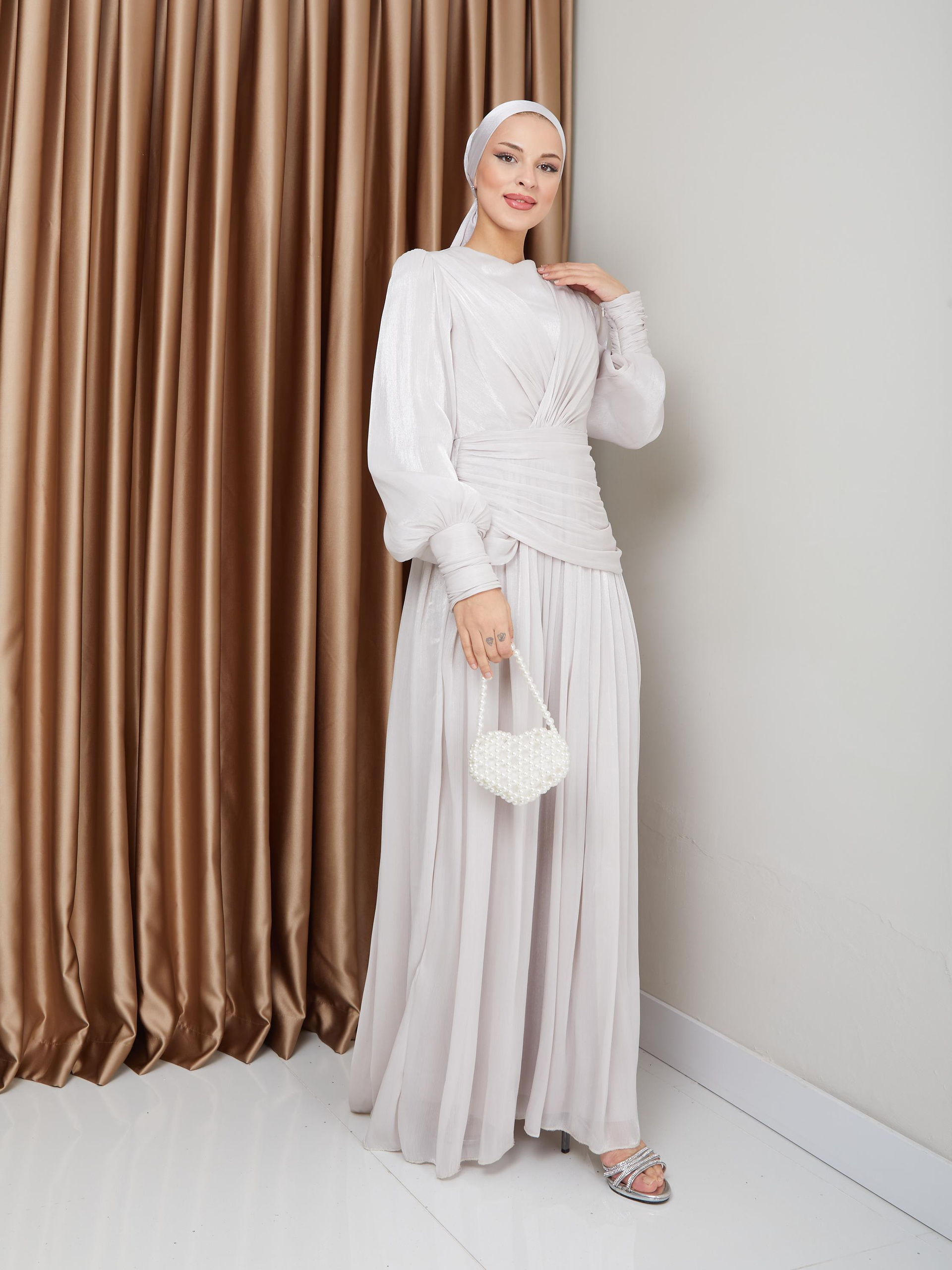 Crystal Chiffon Hijab Evening Dress with Flounce and Pleat Details STONE 1230