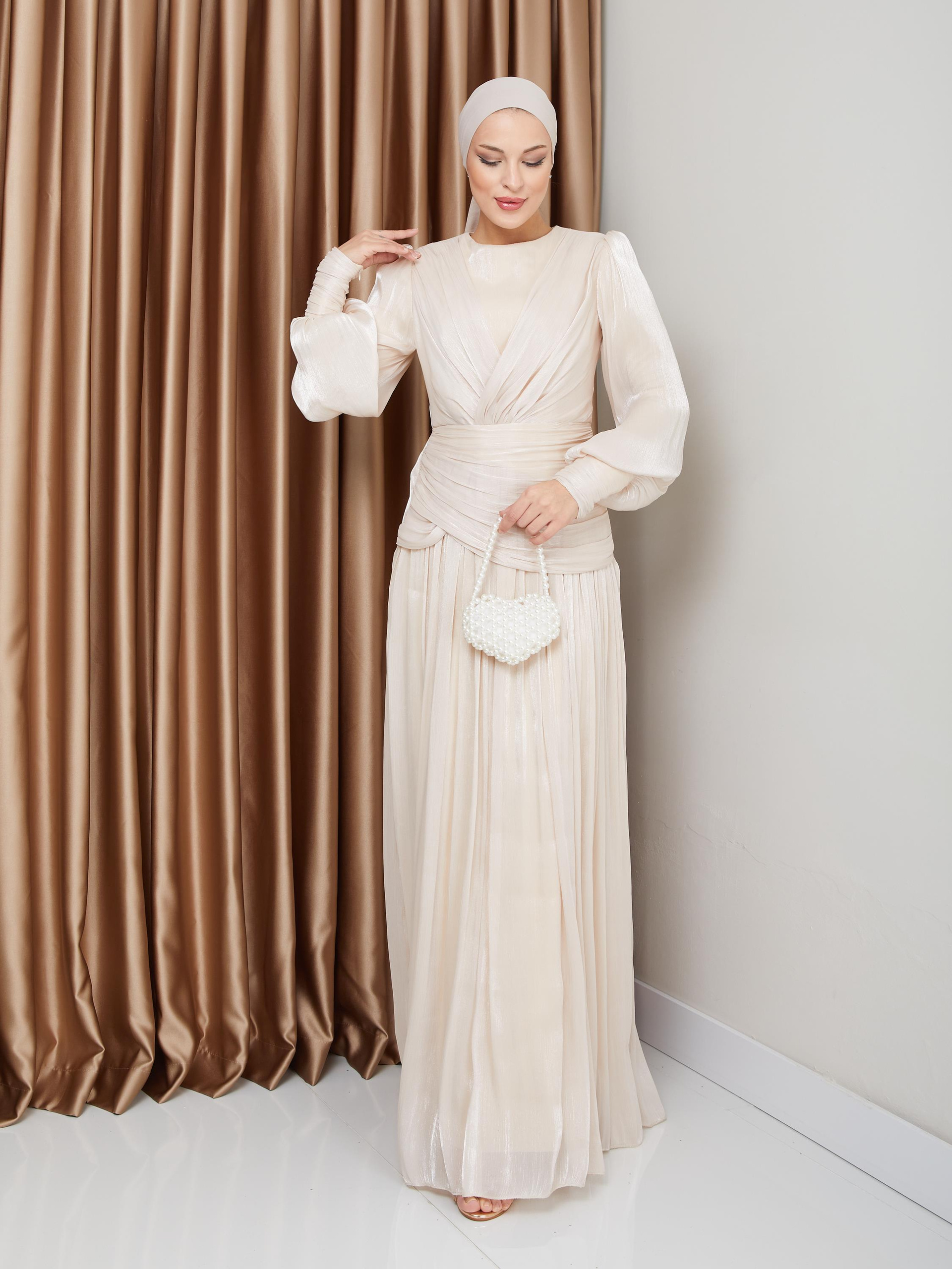 Crystal Chiffon Hijab Evening Dress with Flounce and Pleat Details CREAM 1230