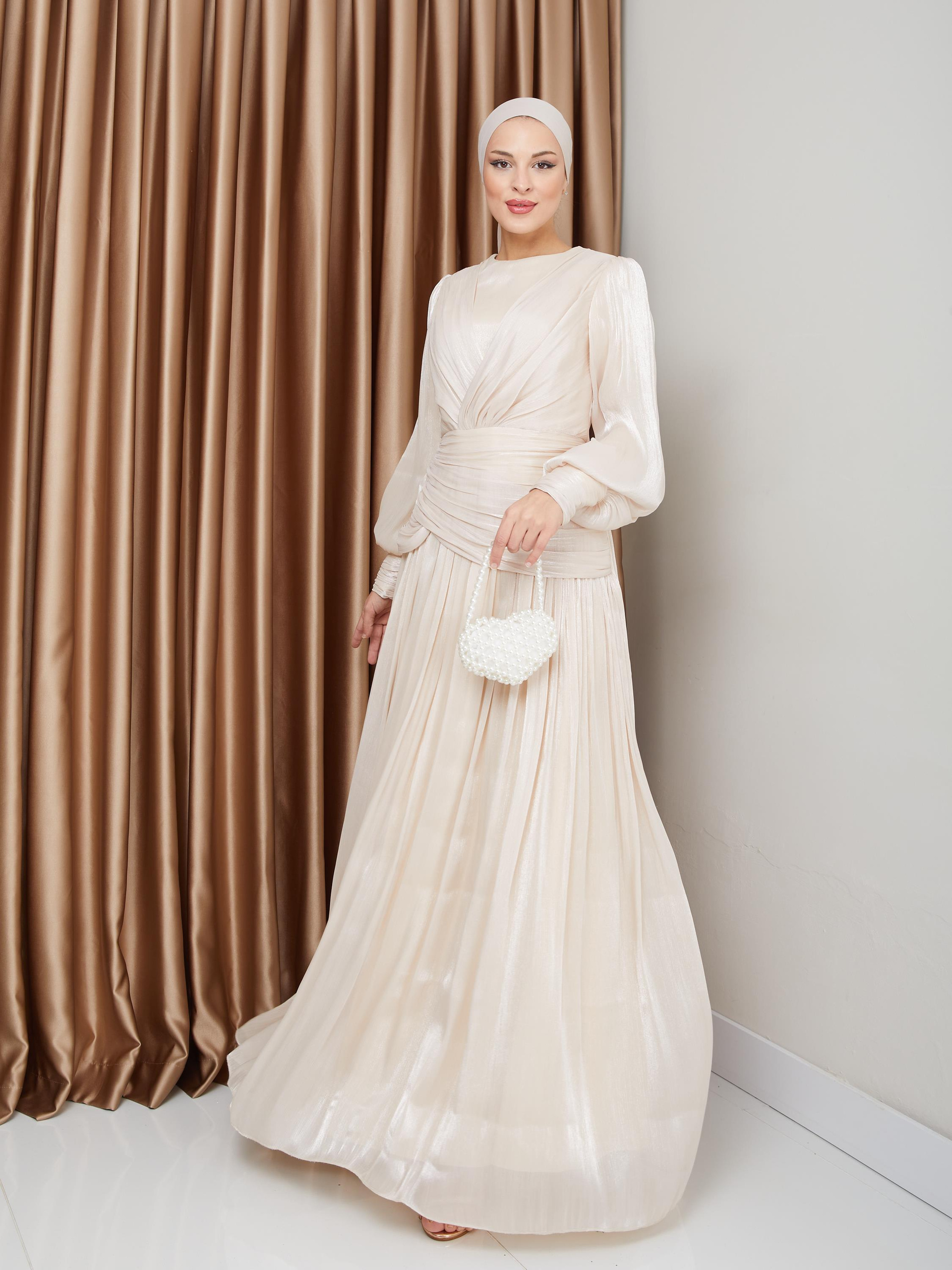 Crystal Chiffon Hijab Evening Dress with Flounce and Pleat Details CREAM 1230