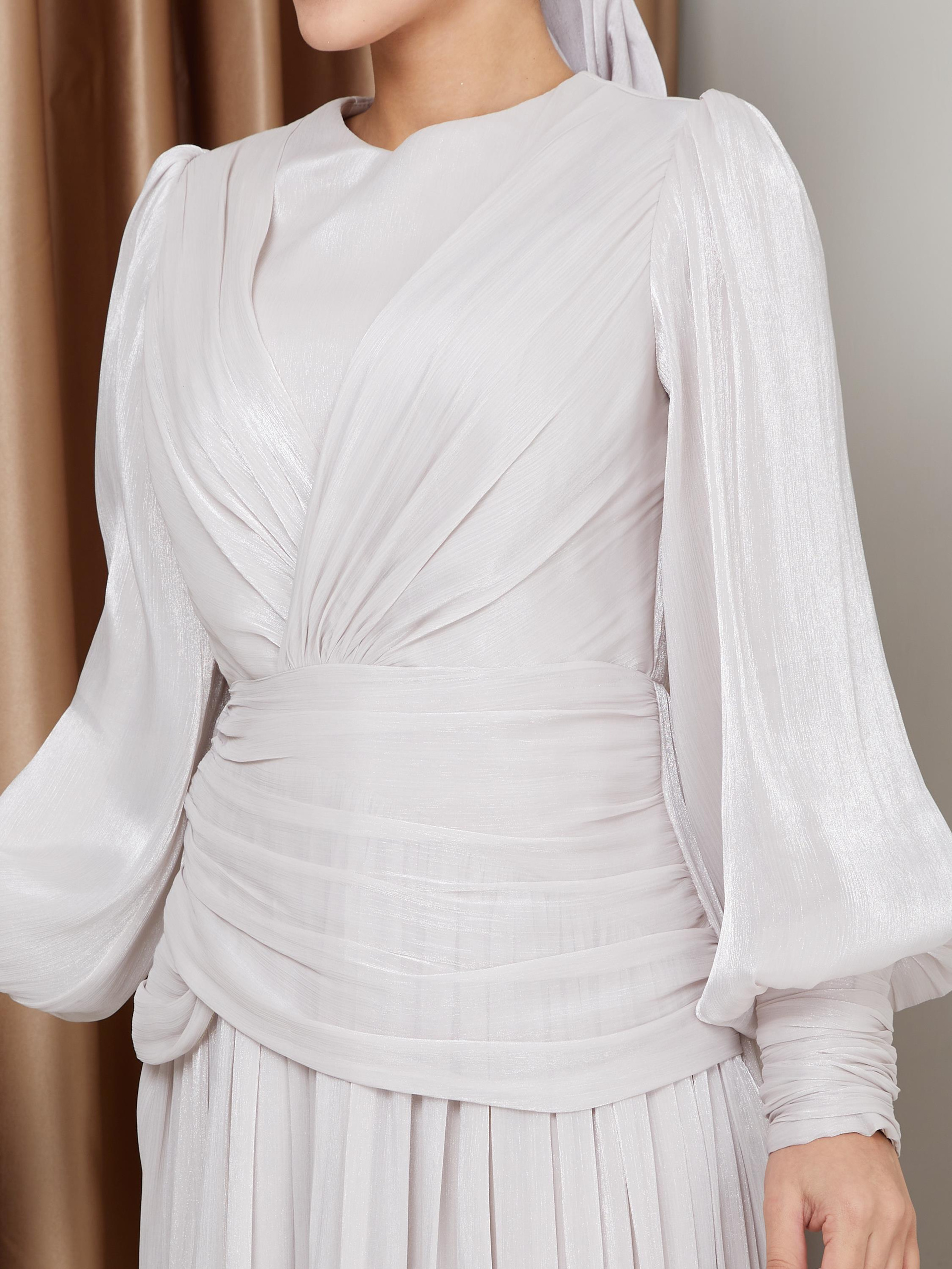 Crystal Chiffon Hijab Evening Dress with Flounce and Pleat Details STONE 1230