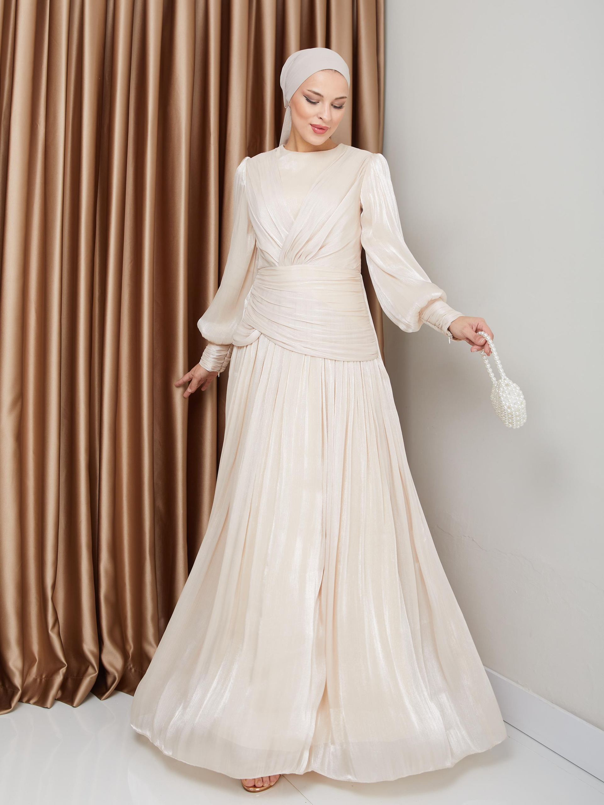 Crystal Chiffon Hijab Evening Dress with Flounce and Pleat Details CREAM 1230