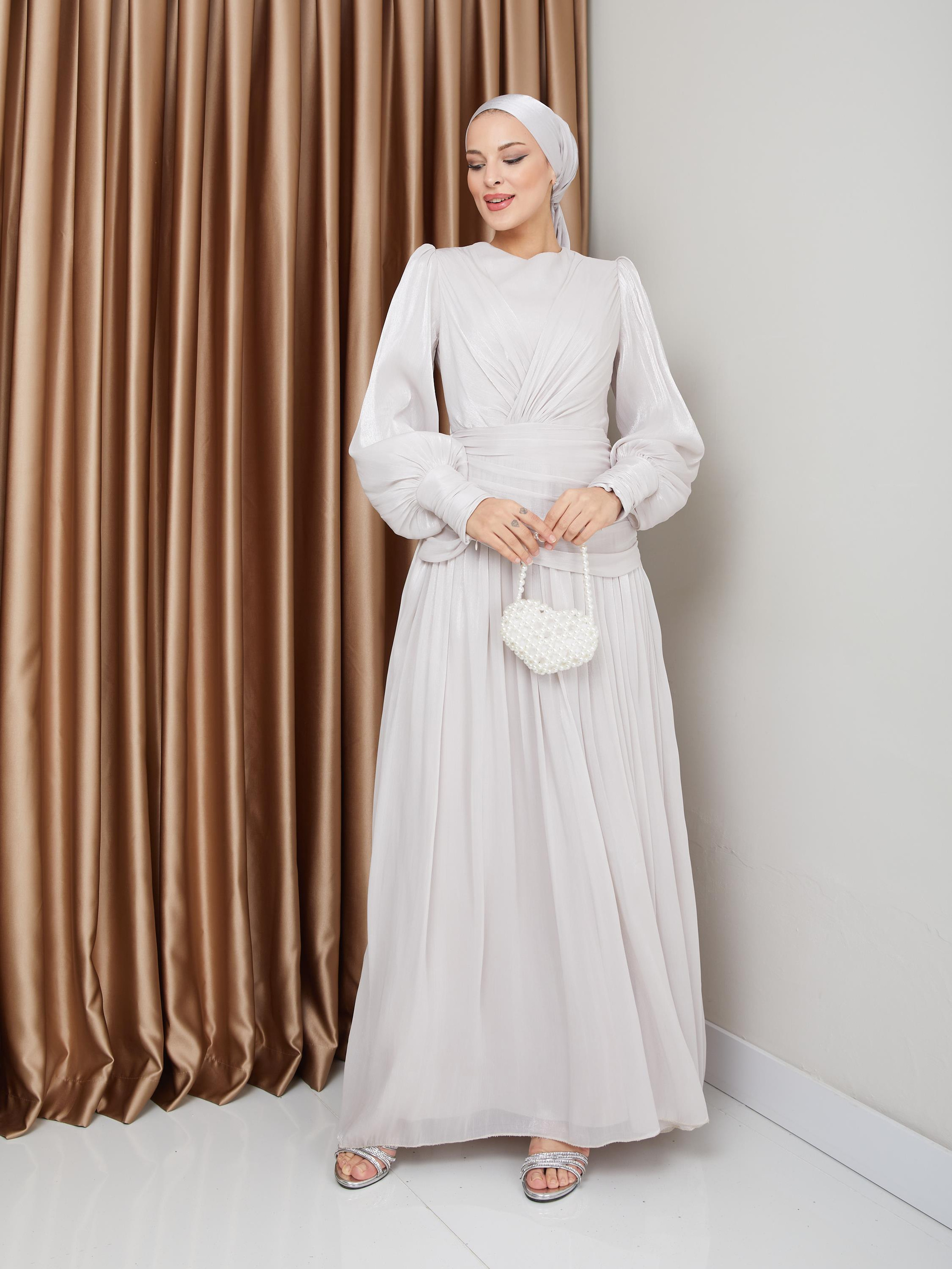 Crystal Chiffon Hijab Evening Dress with Flounce and Pleat Details STONE 1230