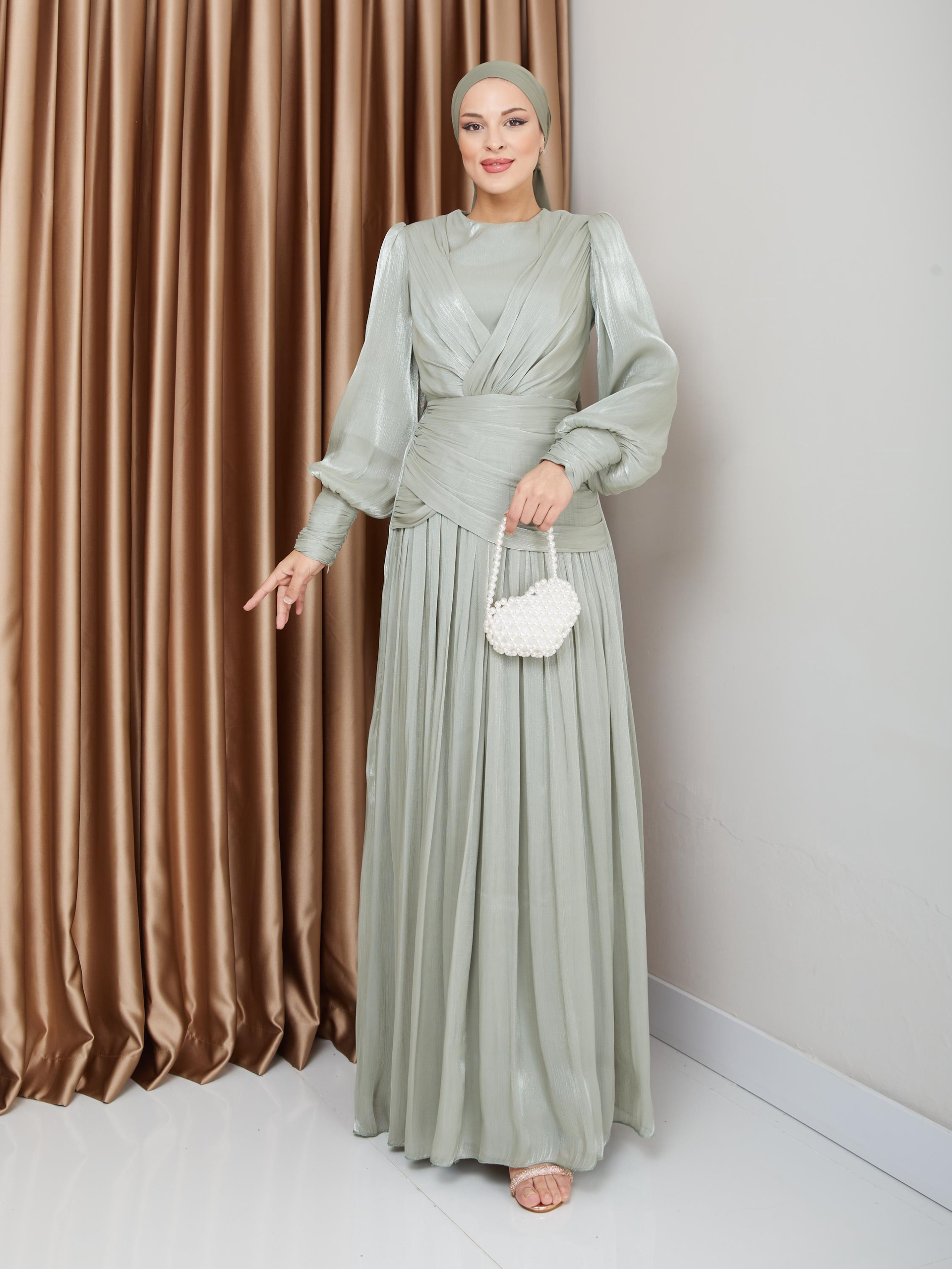 Crystal Chiffon Hijab Evening Dress with Flounce and Pleat Details LIGHT GREEN 1230