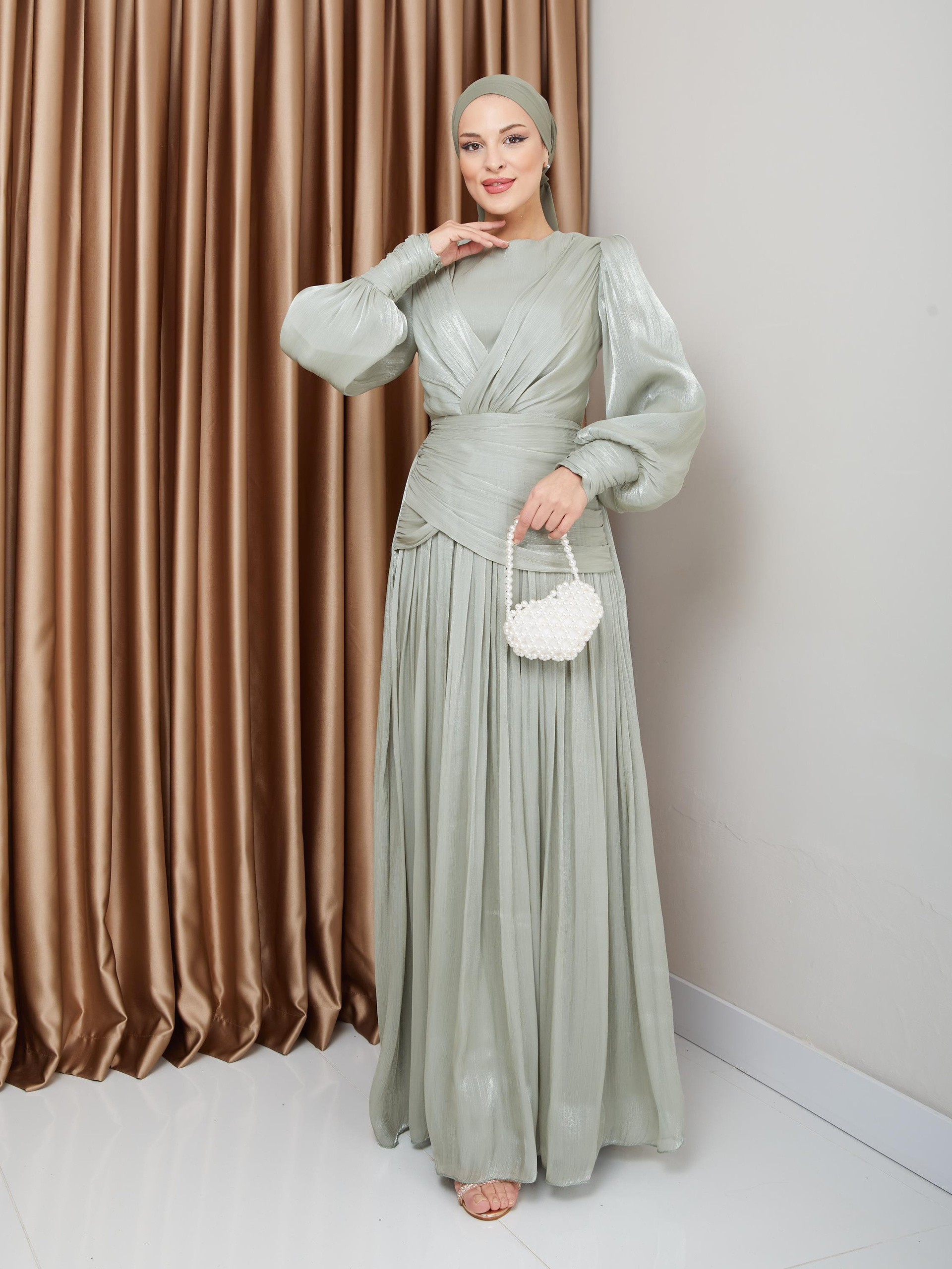 Crystal Chiffon Hijab Evening Dress with Flounce and Pleat Details LIGHT GREEN 1230