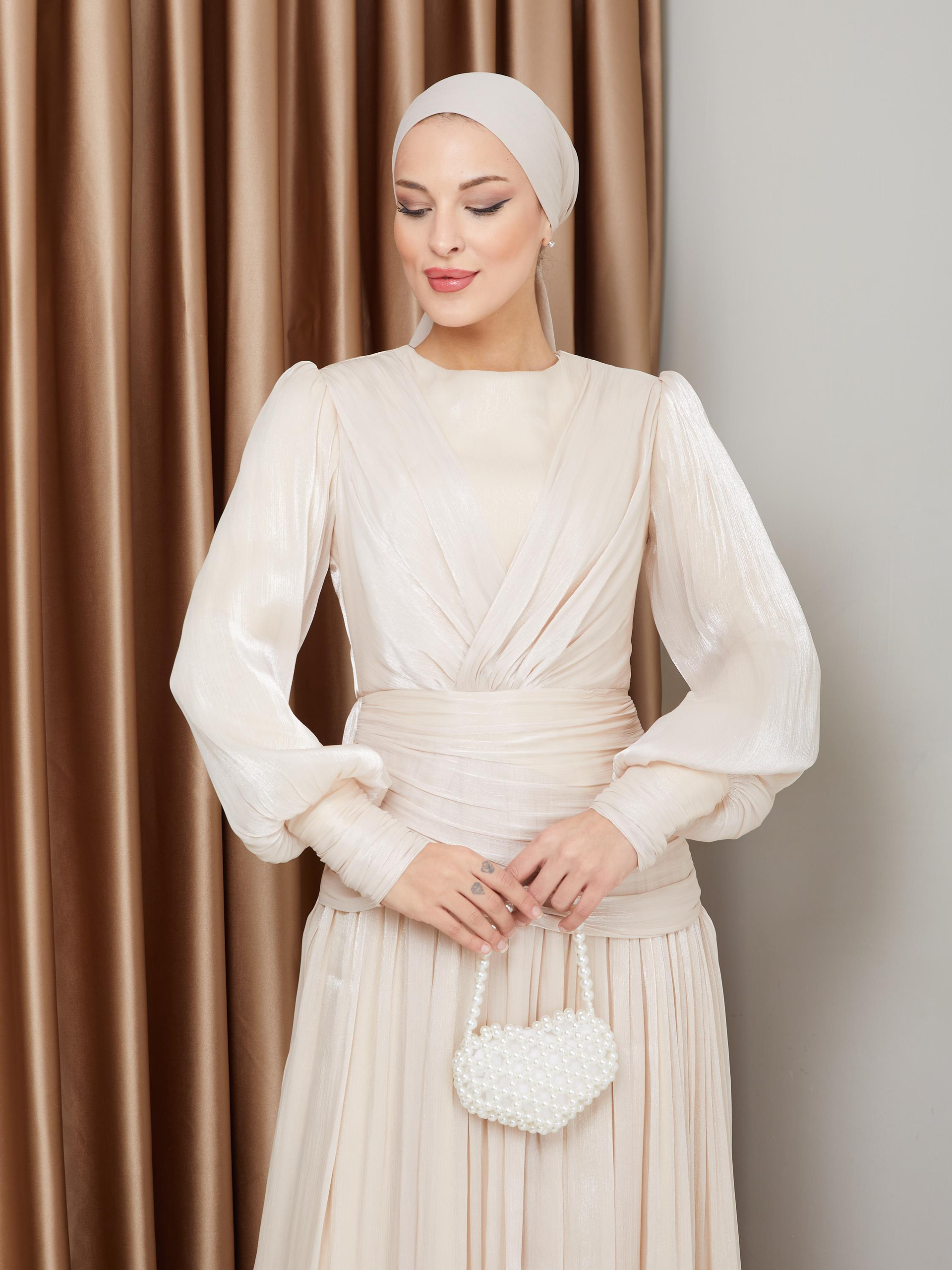 Crystal Chiffon Hijab Evening Dress with Flounce and Pleat Details CREAM 1230