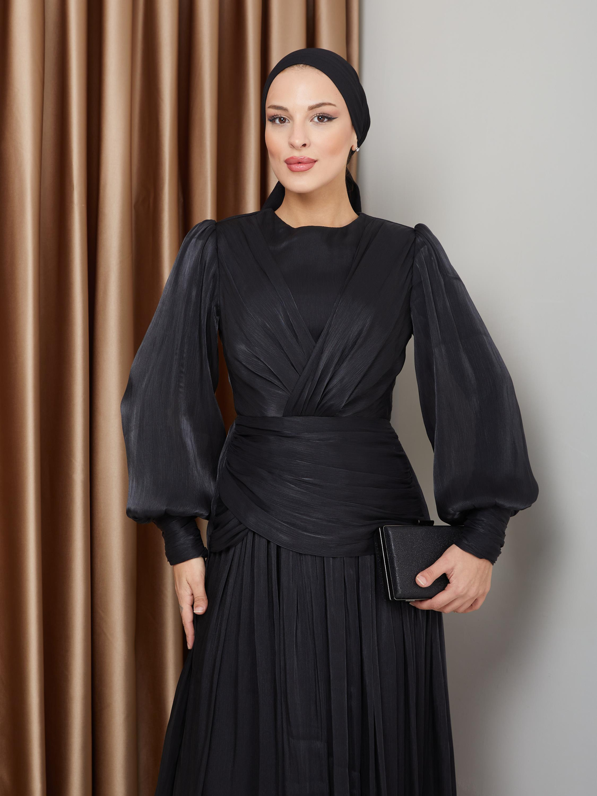 Crystal Chiffon Hijab Evening Dress with Flounce and Pleat Details BLACK 1230
