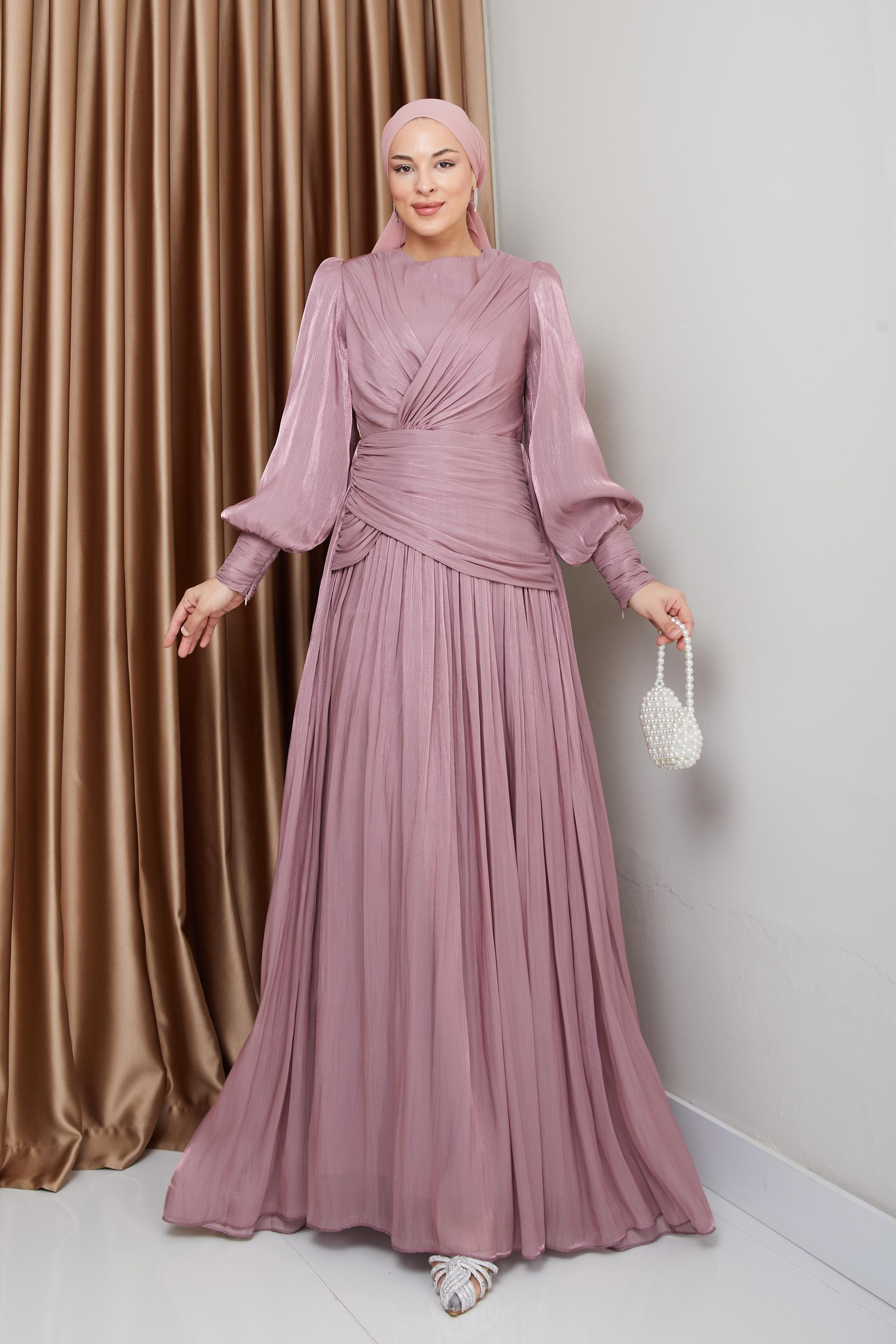 Crystal Chiffon Hijab Evening Dress with Flounce and Pleat Details ROSE 1230