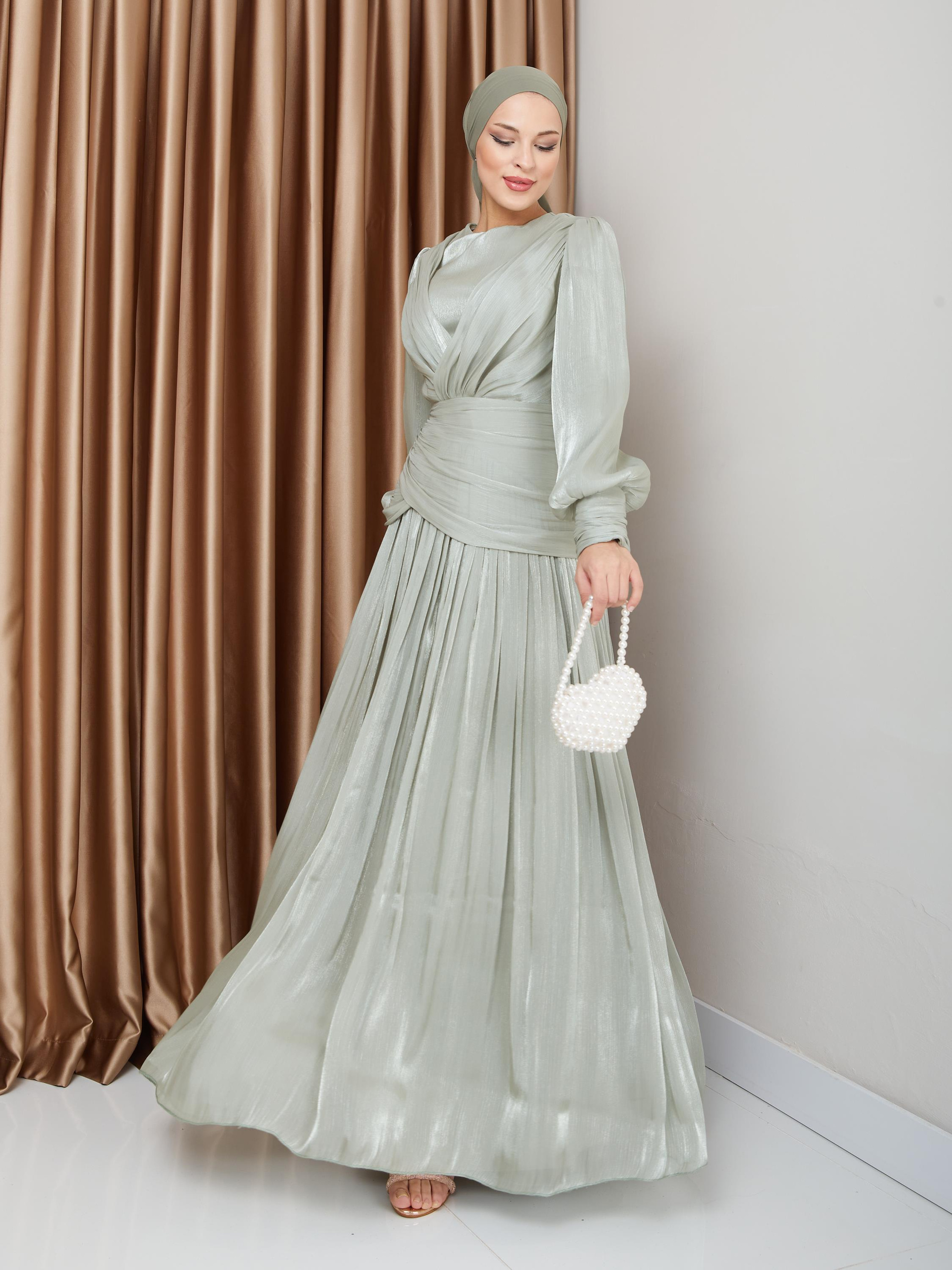 Crystal Chiffon Hijab Evening Dress with Flounce and Pleat Details LIGHT GREEN 1230