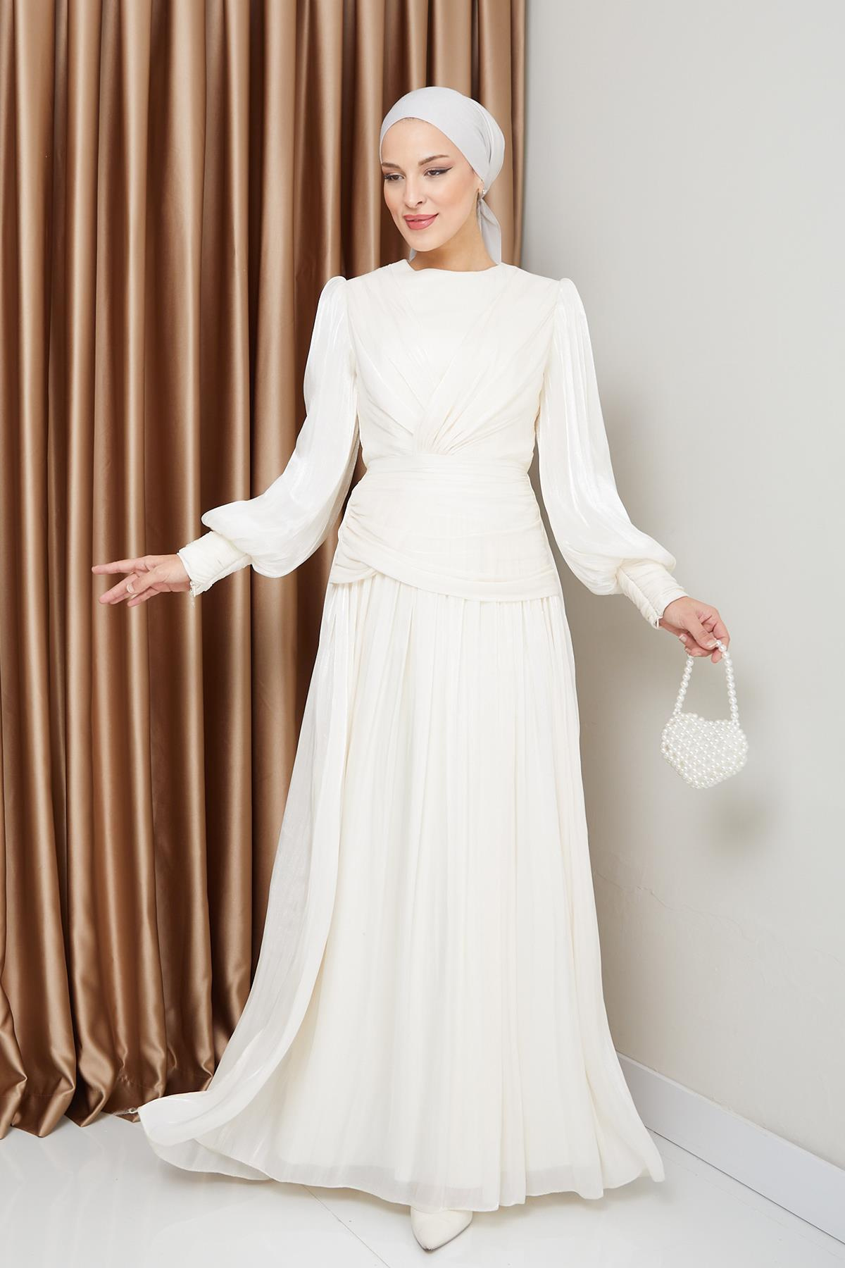 Crystal Chiffon Hijab Evening Dress with Flounce and Pleat Details IVORY 1230