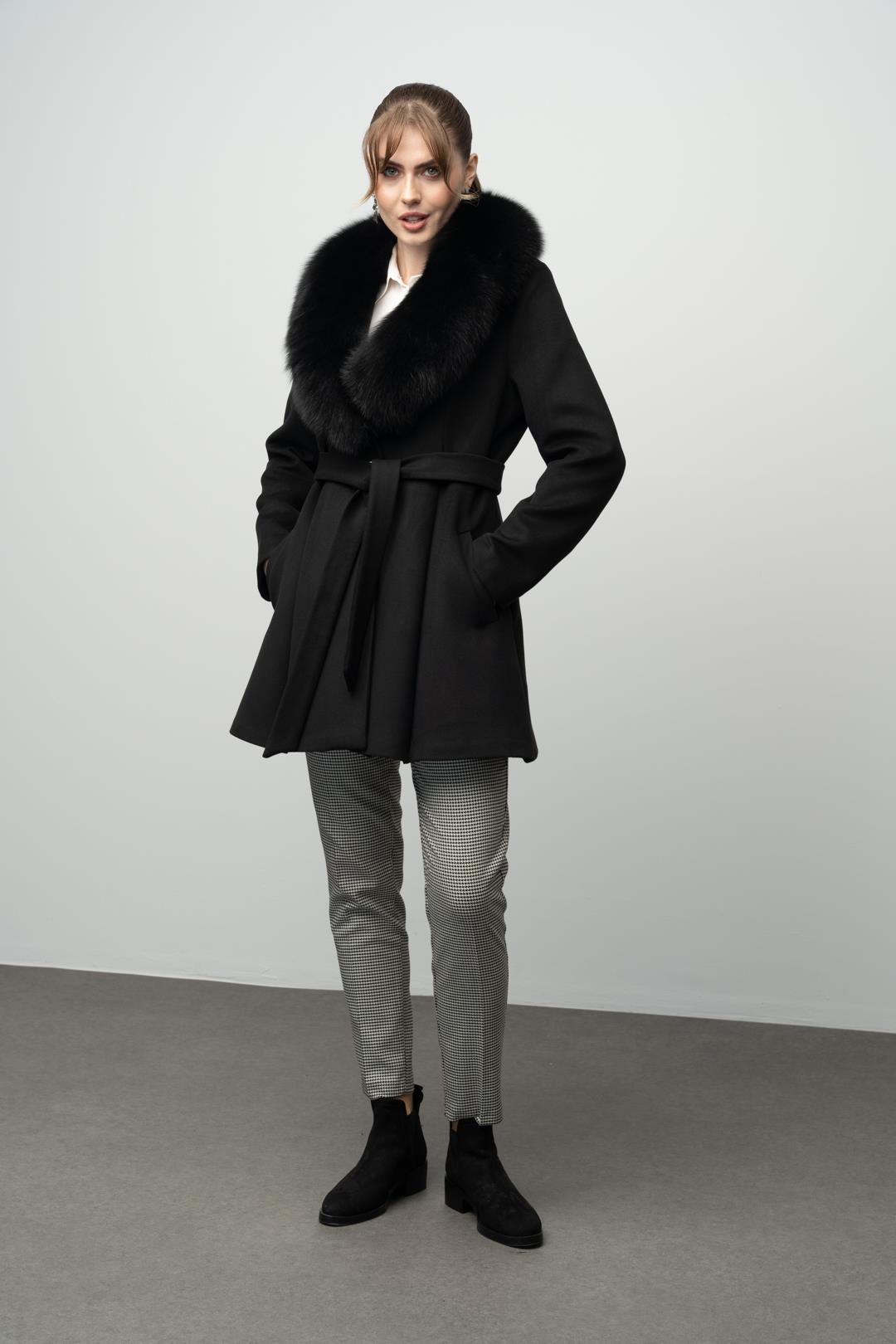 Flared Cashmere Coat with Removable Fur Collar BLACK 3008-TK