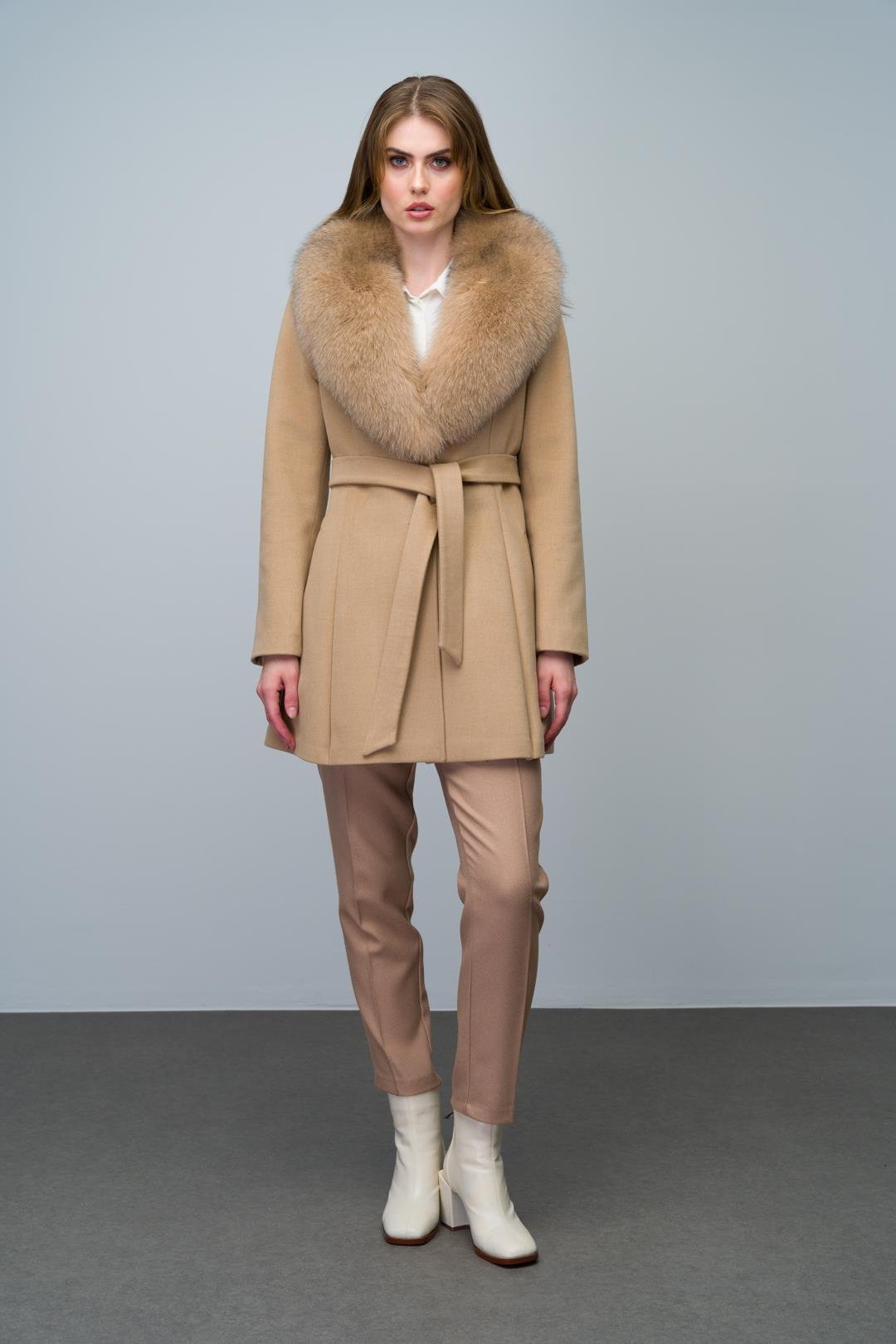Flared Cashmere Coat with Removable Fur Collar BEIGE 3008-TK