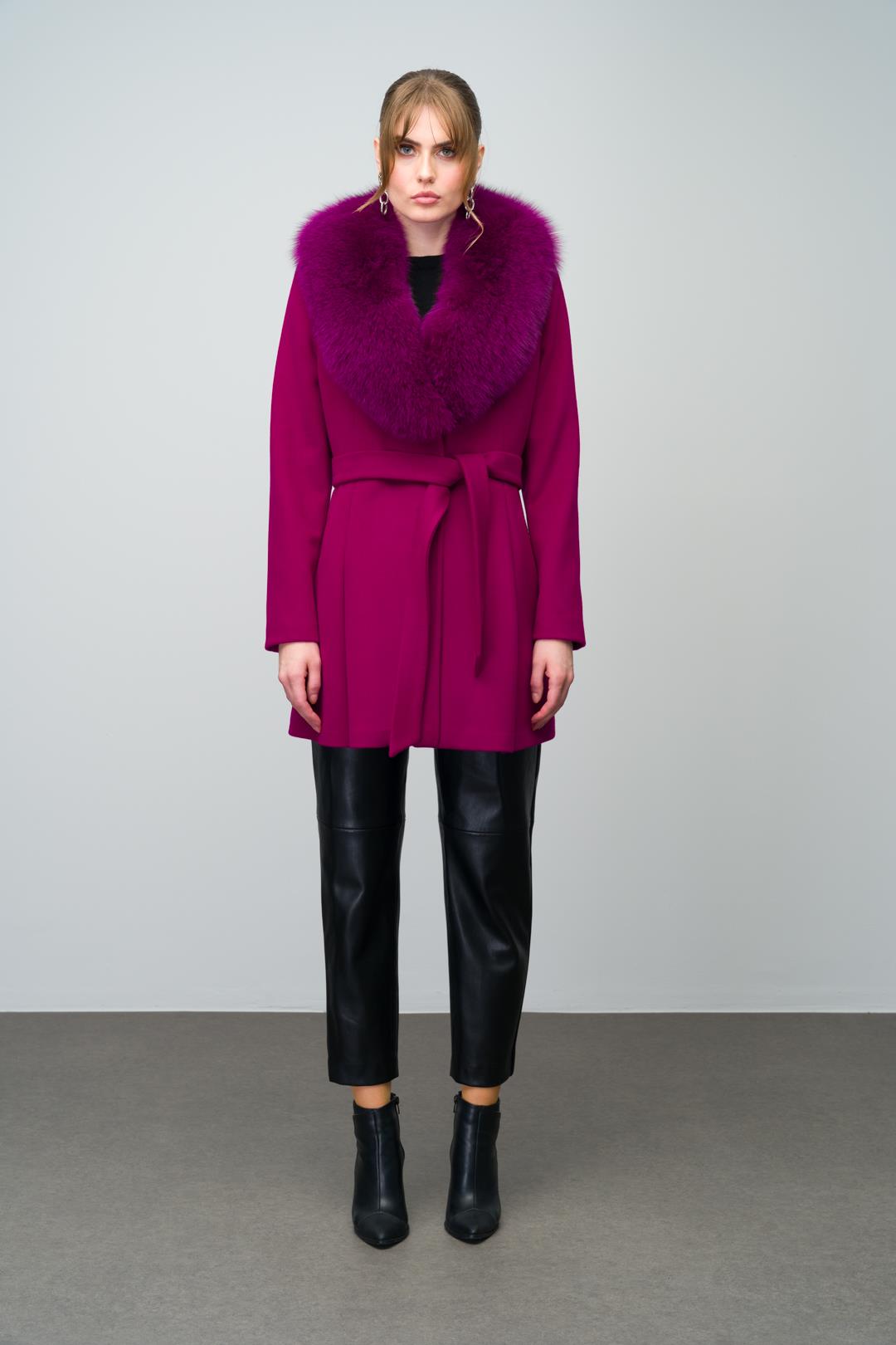 Flared Cashmere Coat with Removable Fur Collar Fuchsia 3008-TK
