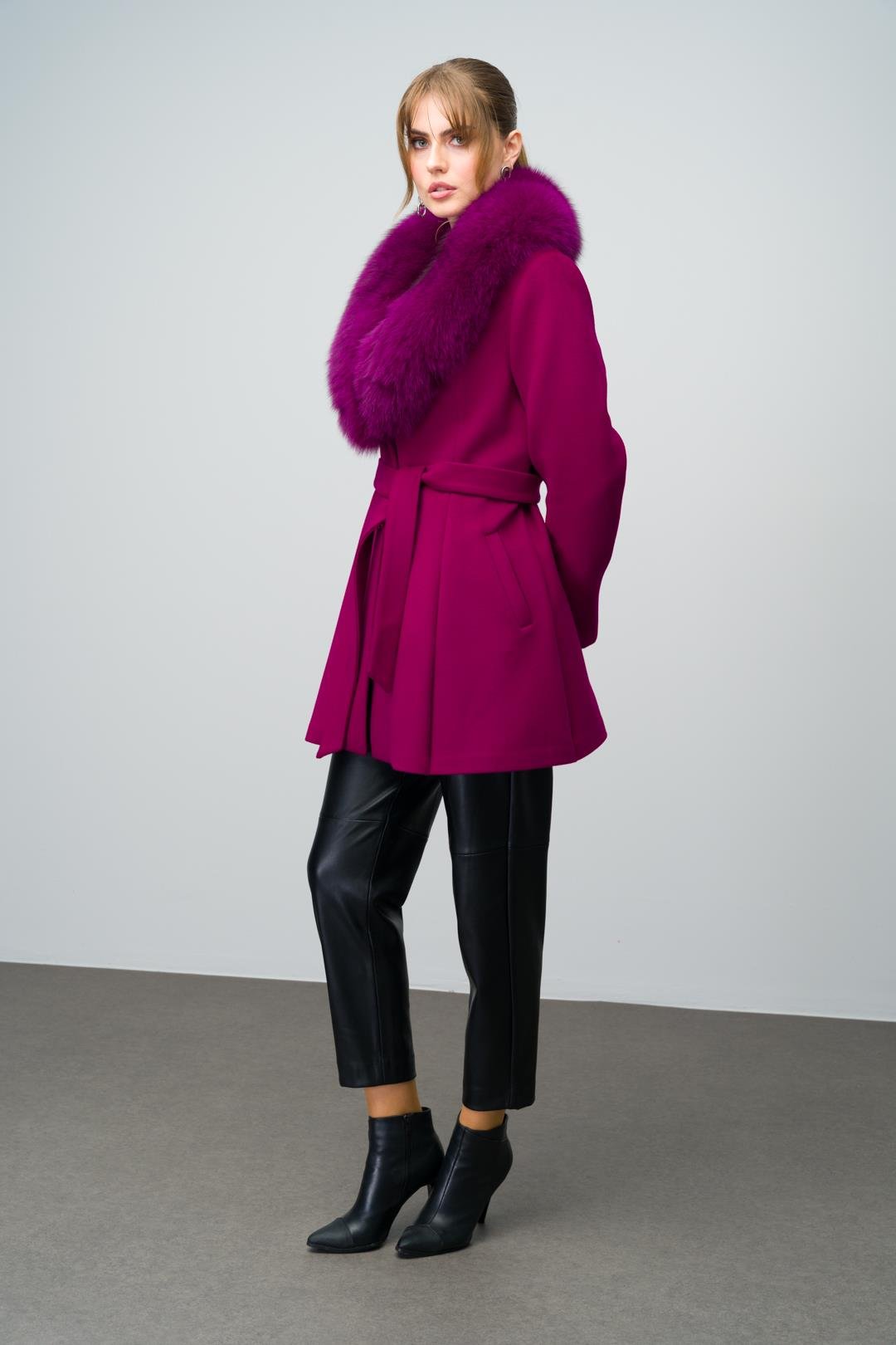 Flared Cashmere Coat with Removable Fur Collar Fuchsia 3008-TK